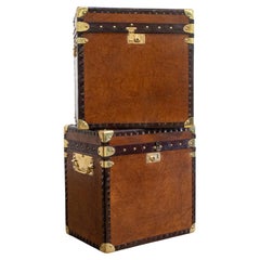 Pair of Antiqued Leather Trunks with Older Trim & Lock