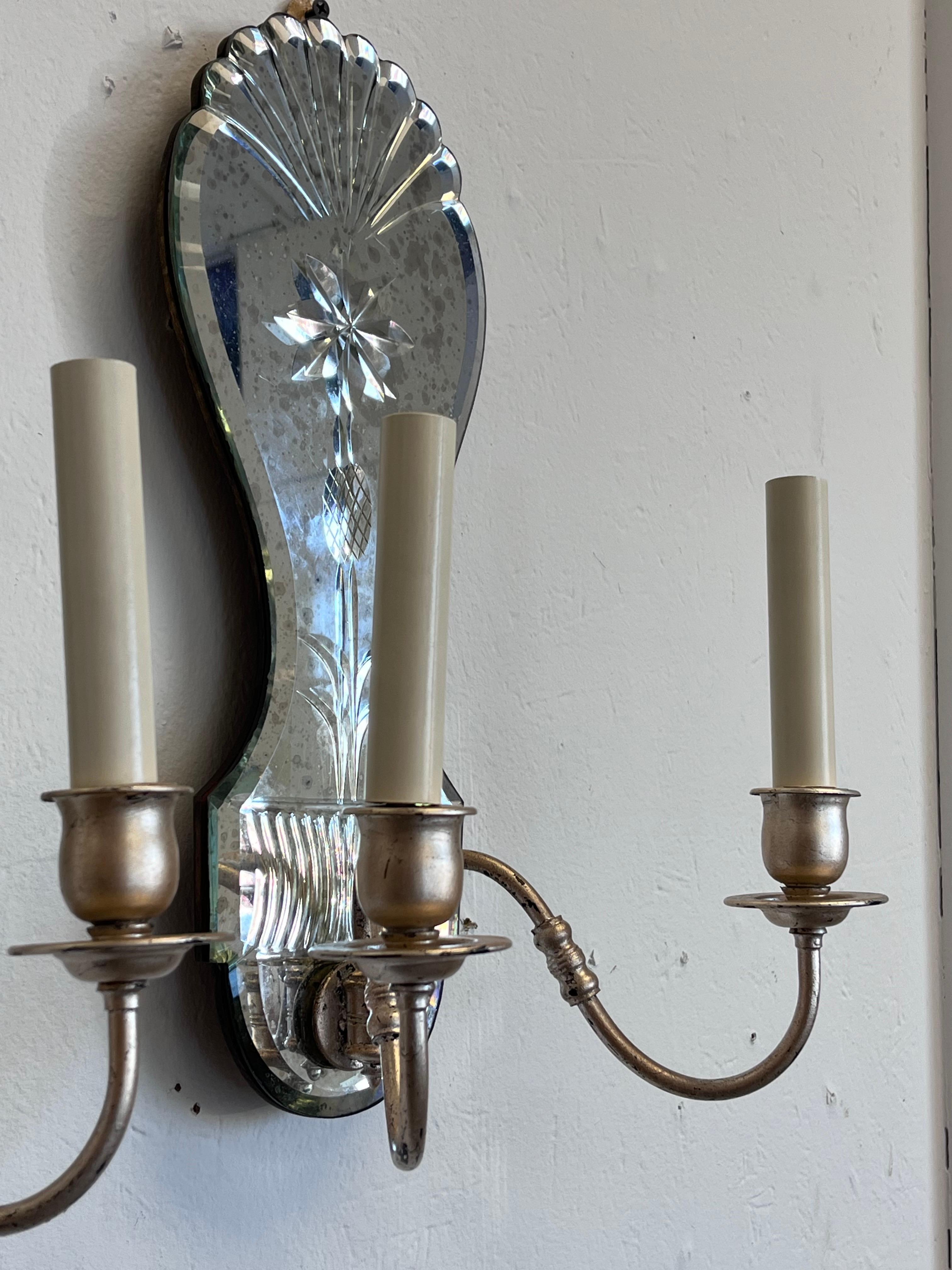 Pair of Antiqued Ornately Cut Floral Mirror Silver Gilt Double Arm Wall Sconces 3
