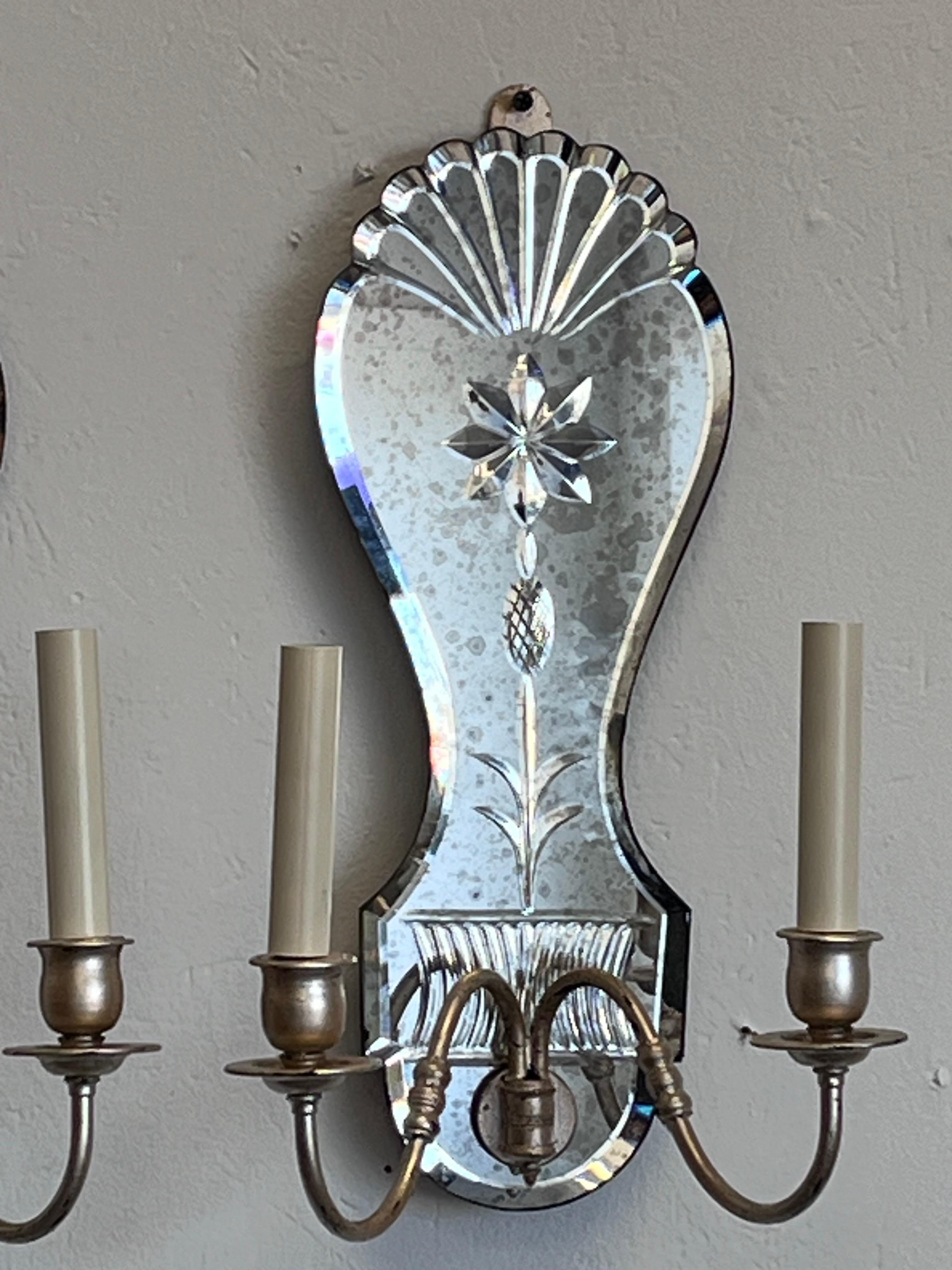 American Pair of Antiqued Ornately Cut Floral Mirror Silver Gilt Double Arm Wall Sconces