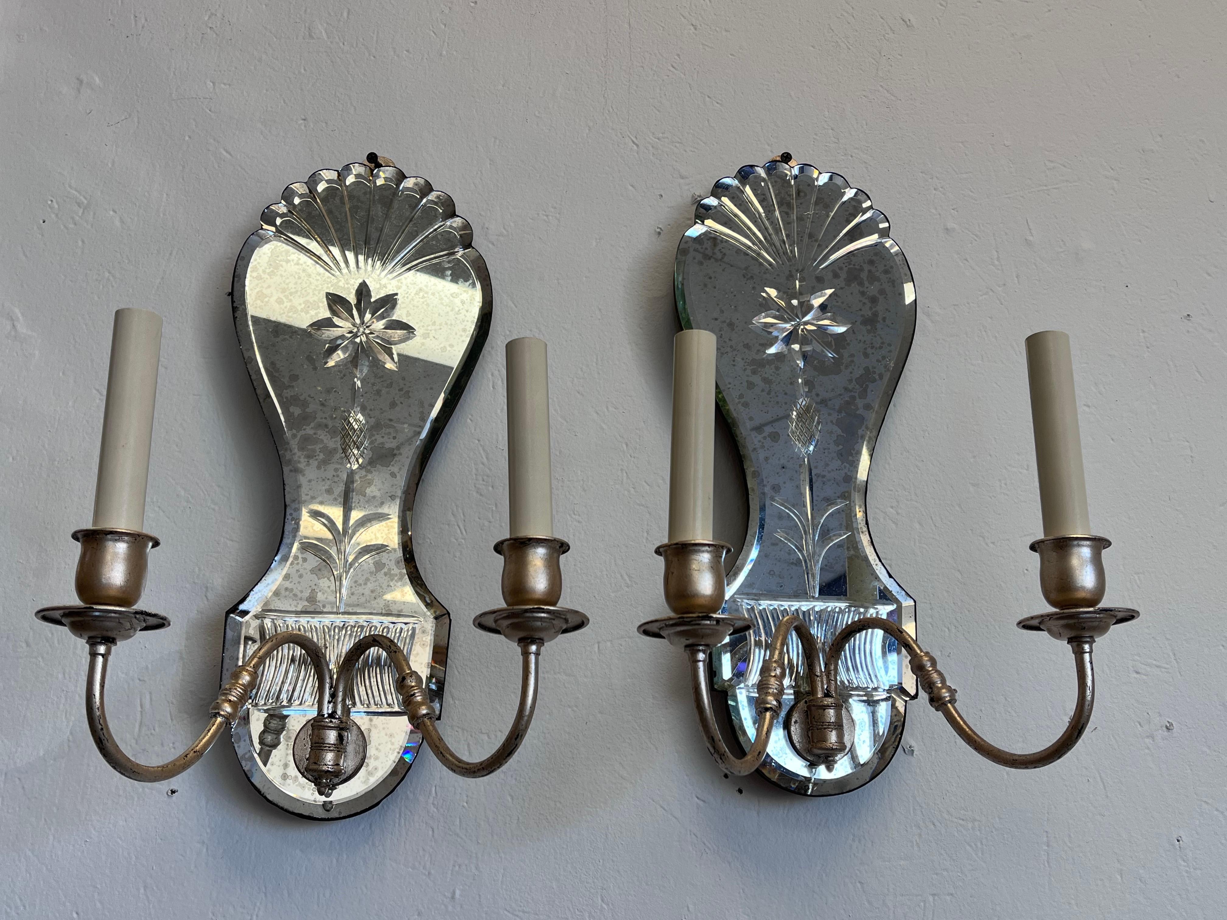Contemporary Pair of Antiqued Ornately Cut Floral Mirror Silver Gilt Double Arm Wall Sconces
