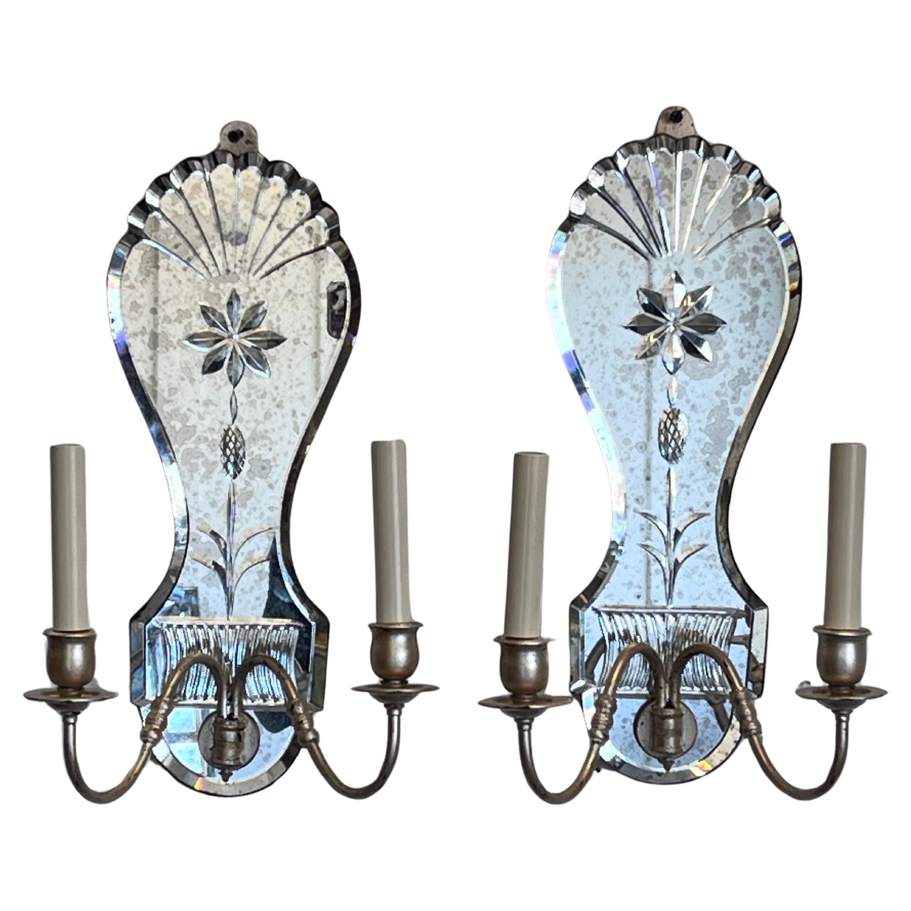 Pair of Antiqued Ornately Cut Floral Mirror Silver Gilt Double Arm Wall Sconces