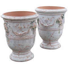 Pair of Antiqued White and Blue-Gray Fleur-de-Lis Anduze Pots from France