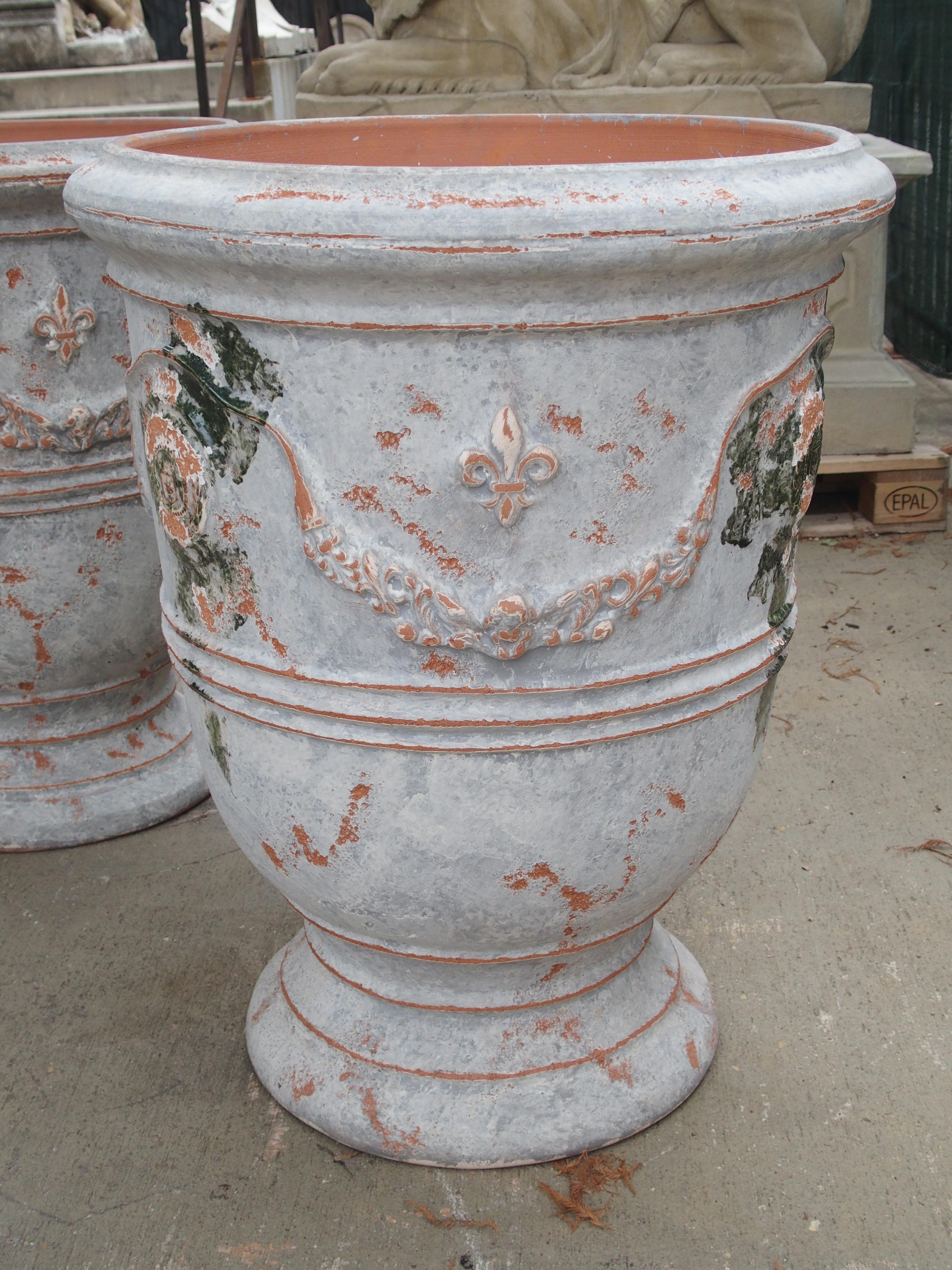 Pair of Antiqued White and Blue-Gray Fleur-de-Lis Anduze Pots from France 3