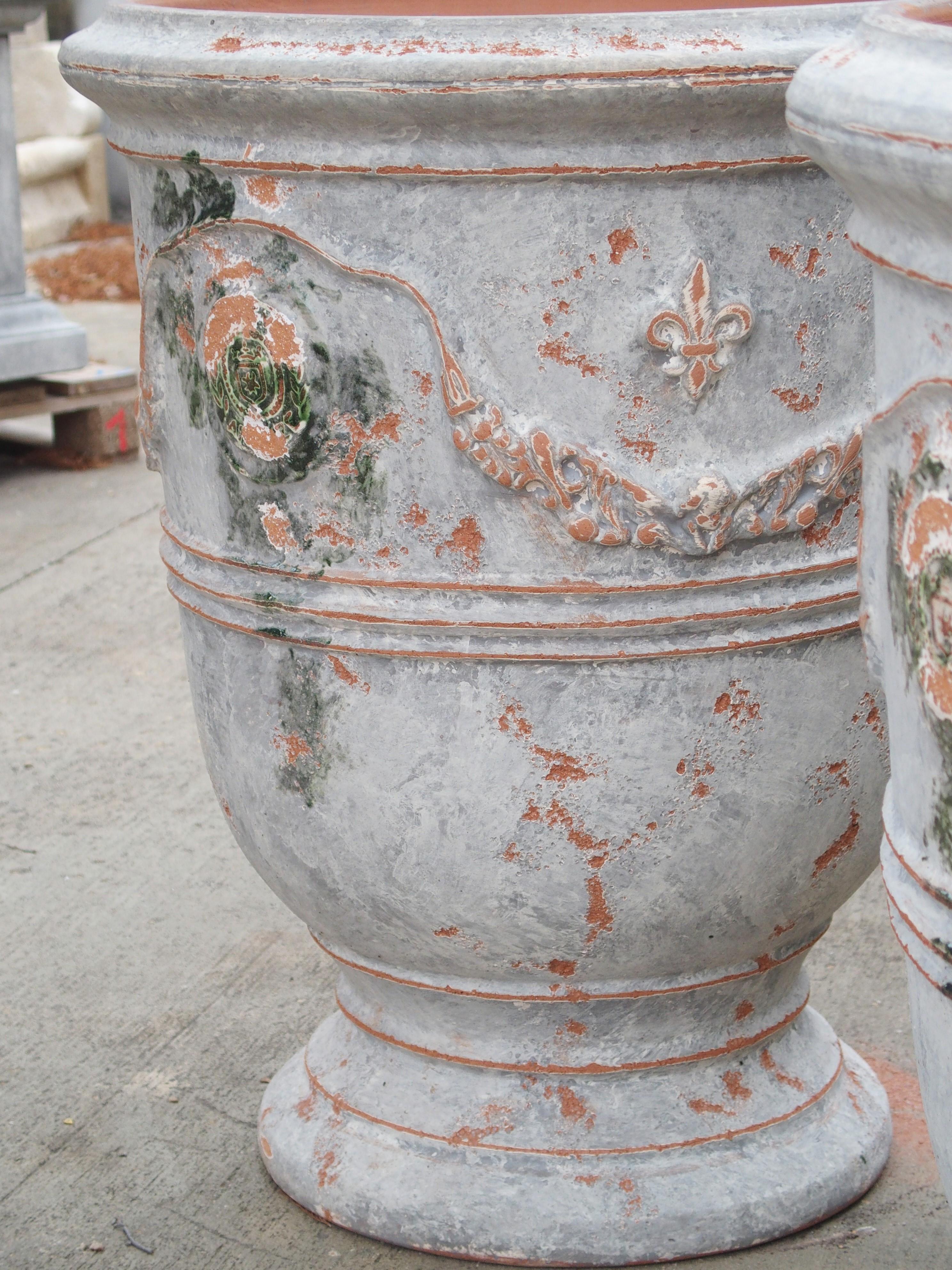 Pair of Antiqued White and Blue-Gray Fleur-de-Lis Anduze Pots from France 4