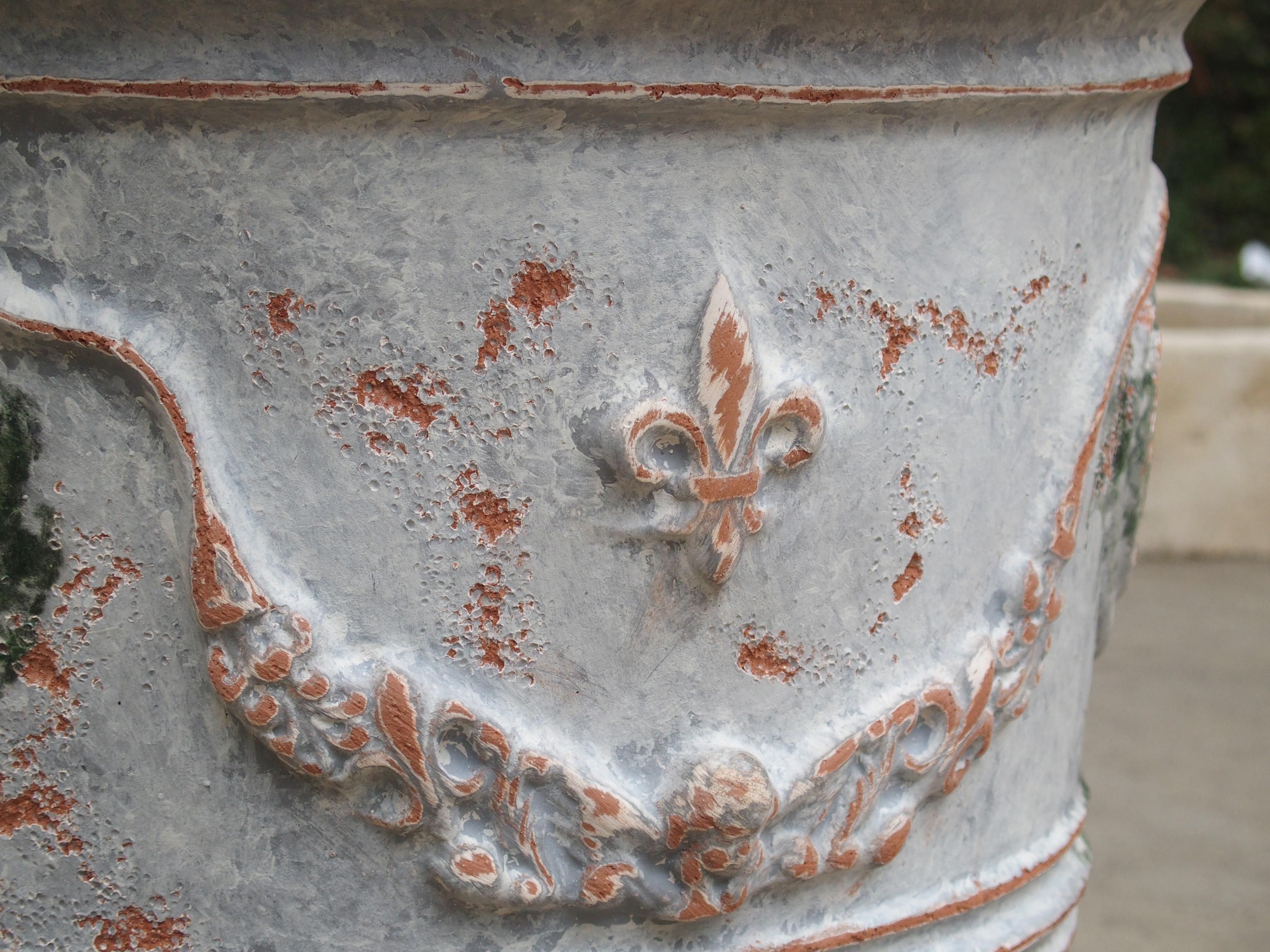 Pair of Antiqued White and Blue-Gray Fleur-de-Lis Anduze Pots from France 5
