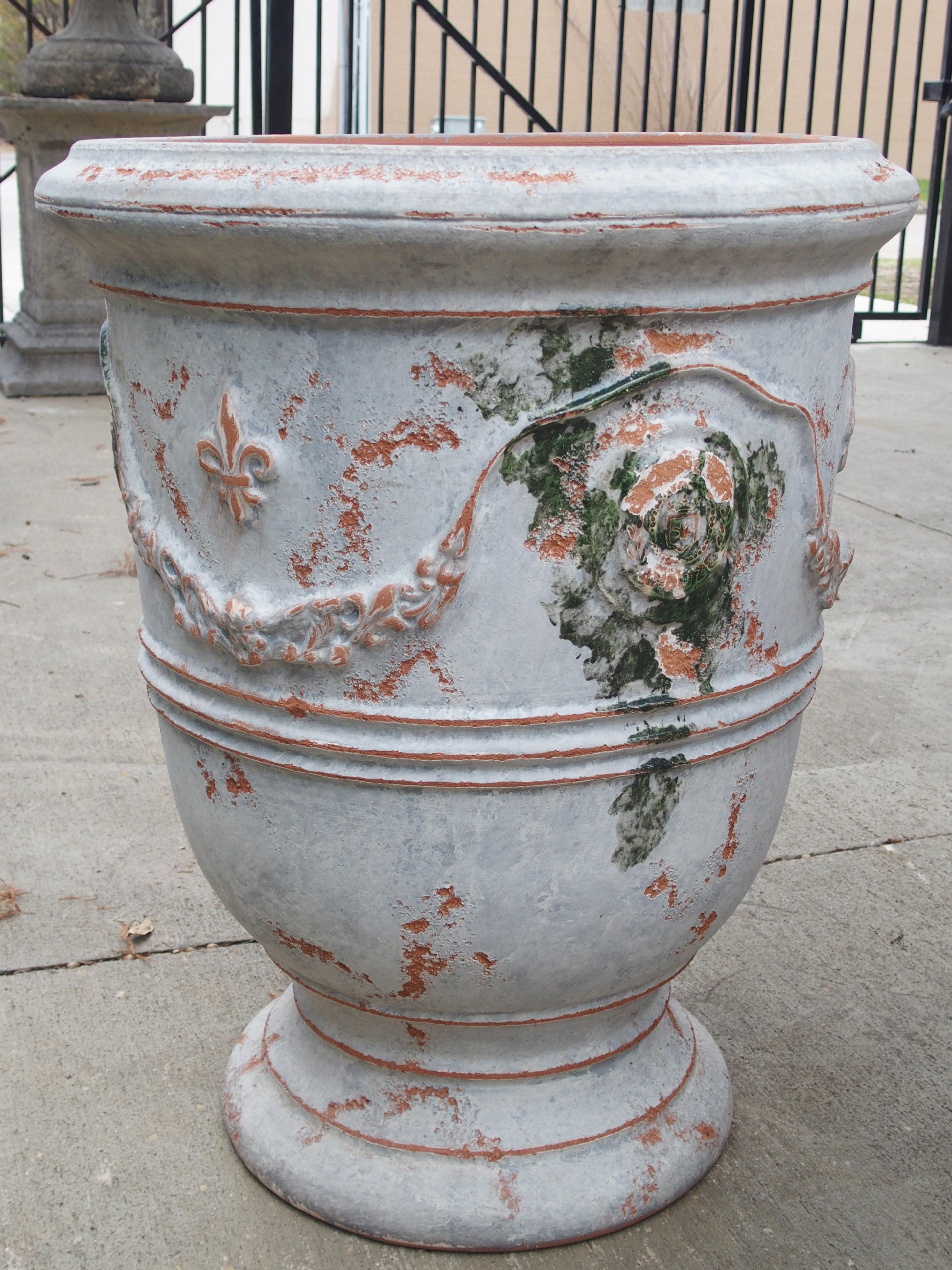 Pair of Antiqued White and Blue-Gray Fleur-de-Lis Anduze Pots from France 6