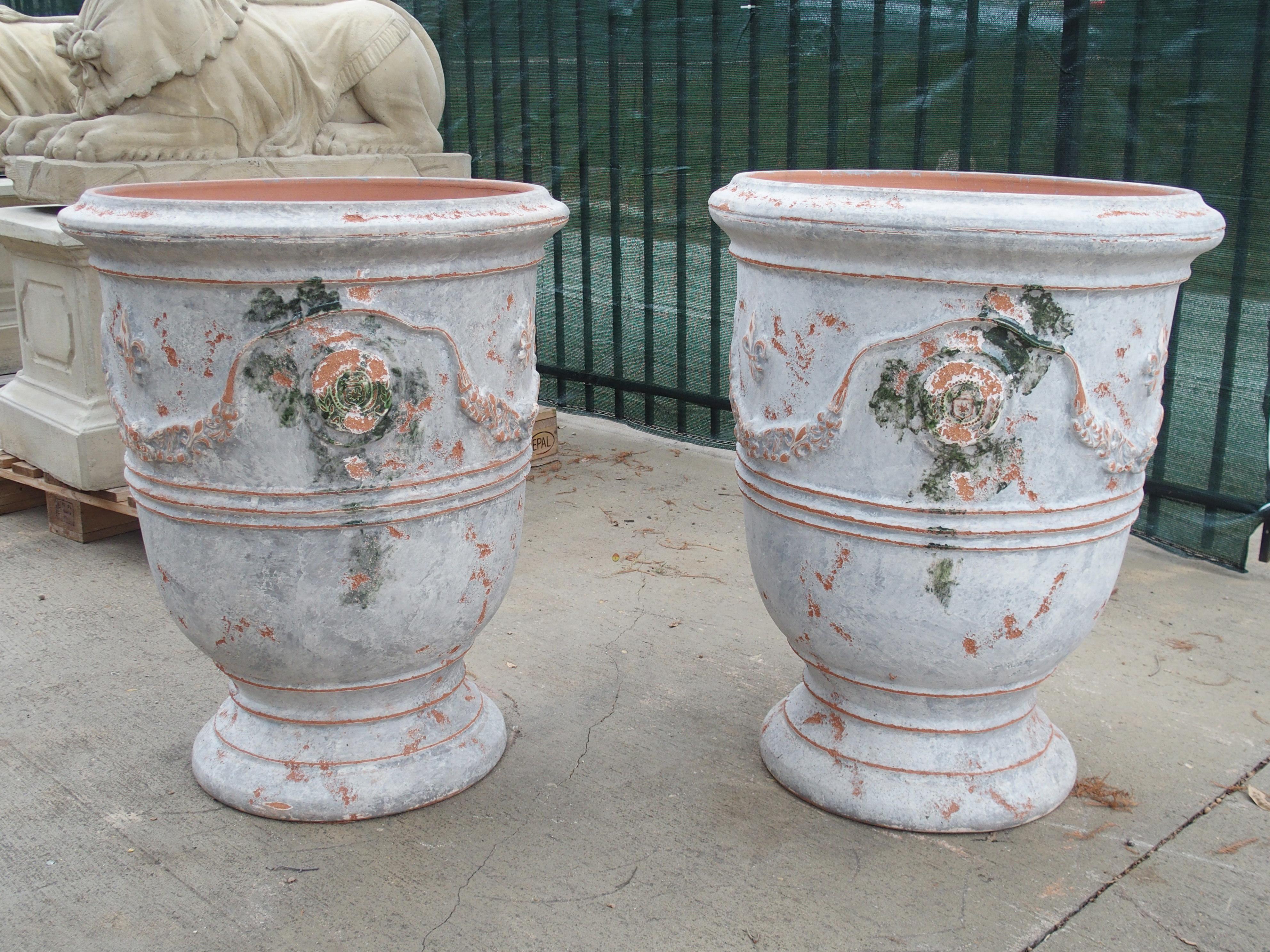 French Provincial Pair of Antiqued White and Blue-Gray Fleur-de-Lis Anduze Pots from France