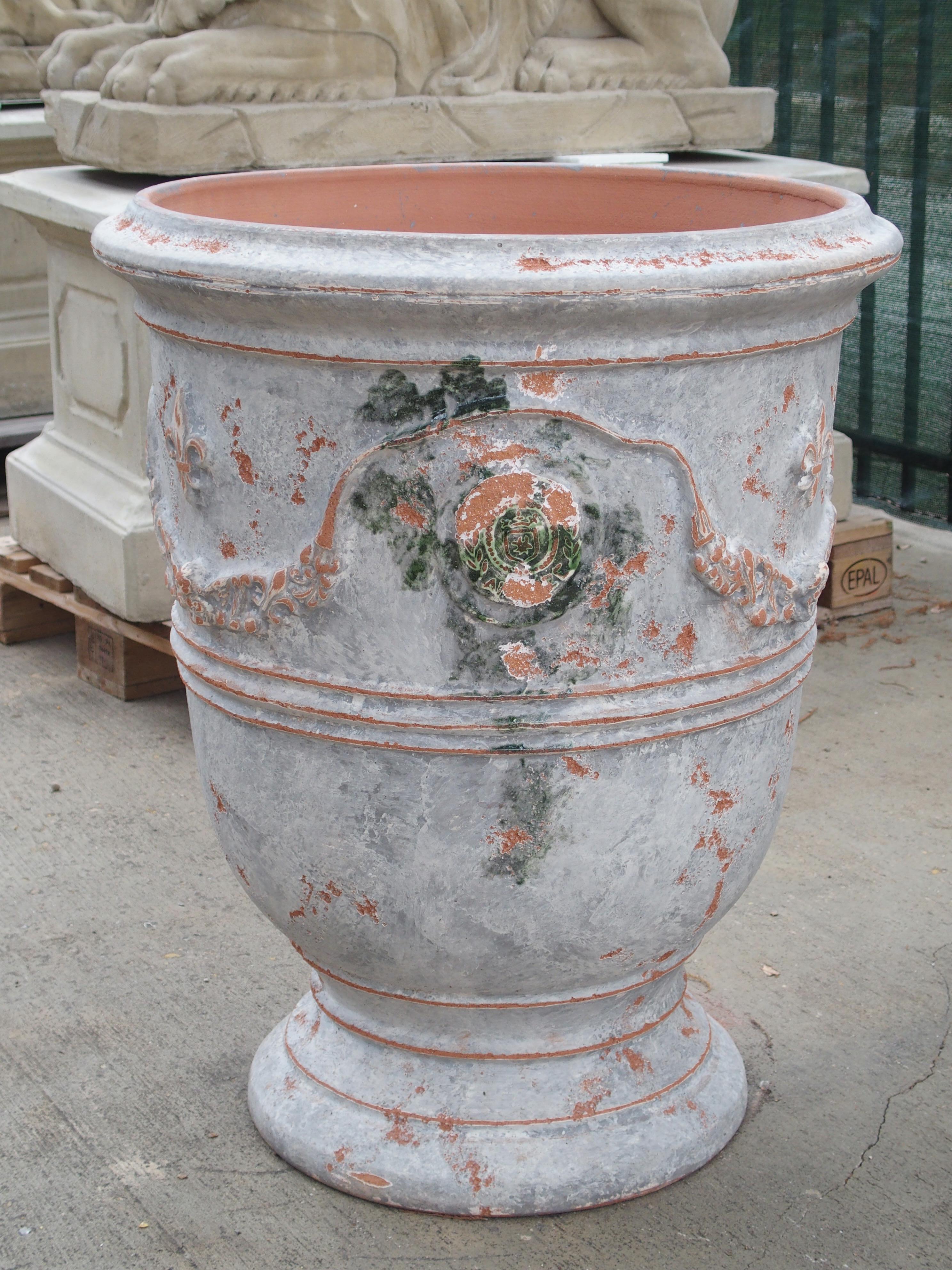 French Pair of Antiqued White and Blue-Gray Fleur-de-Lis Anduze Pots from France