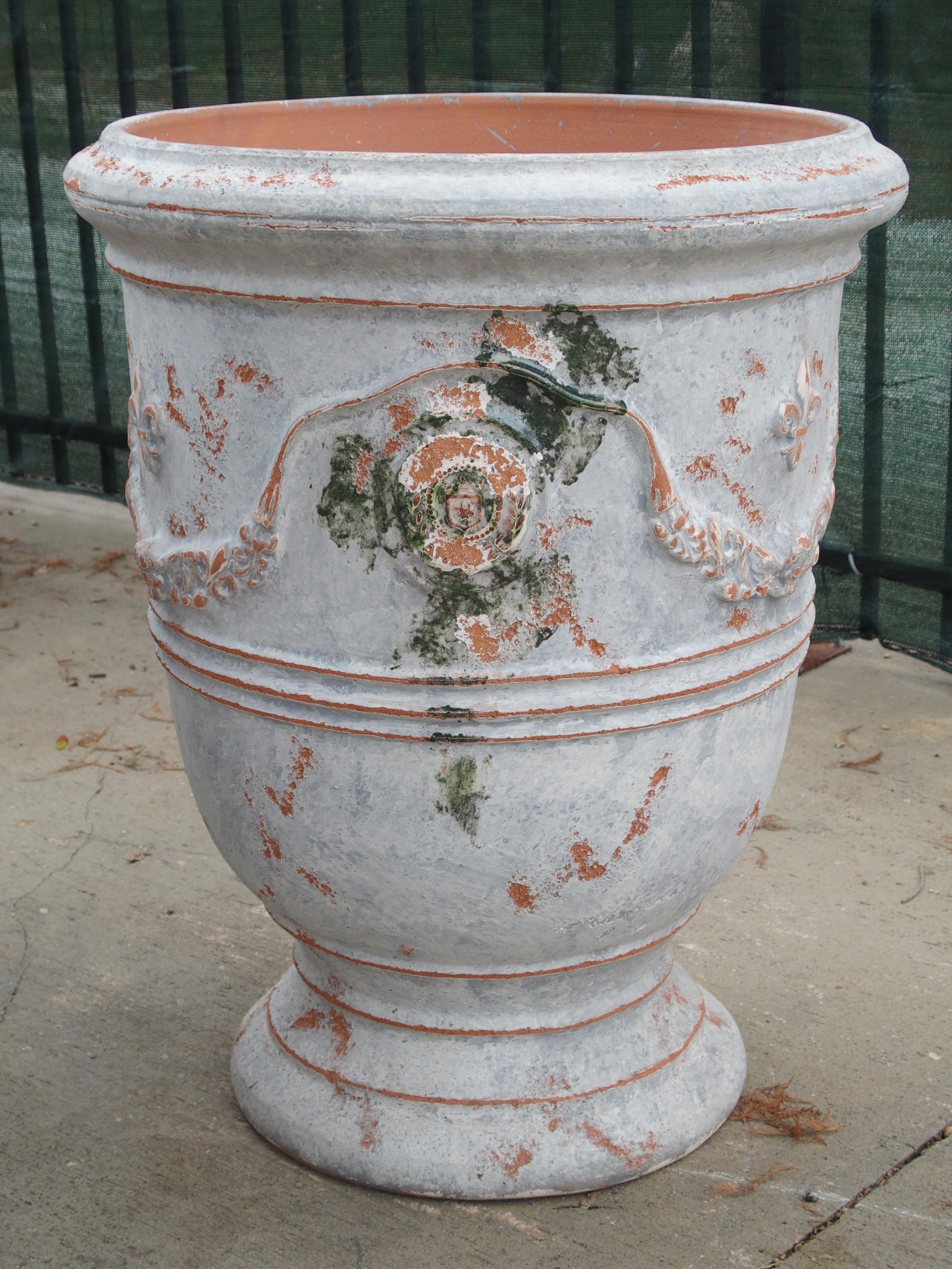 Hand-Painted Pair of Antiqued White and Blue-Gray Fleur-de-Lis Anduze Pots from France