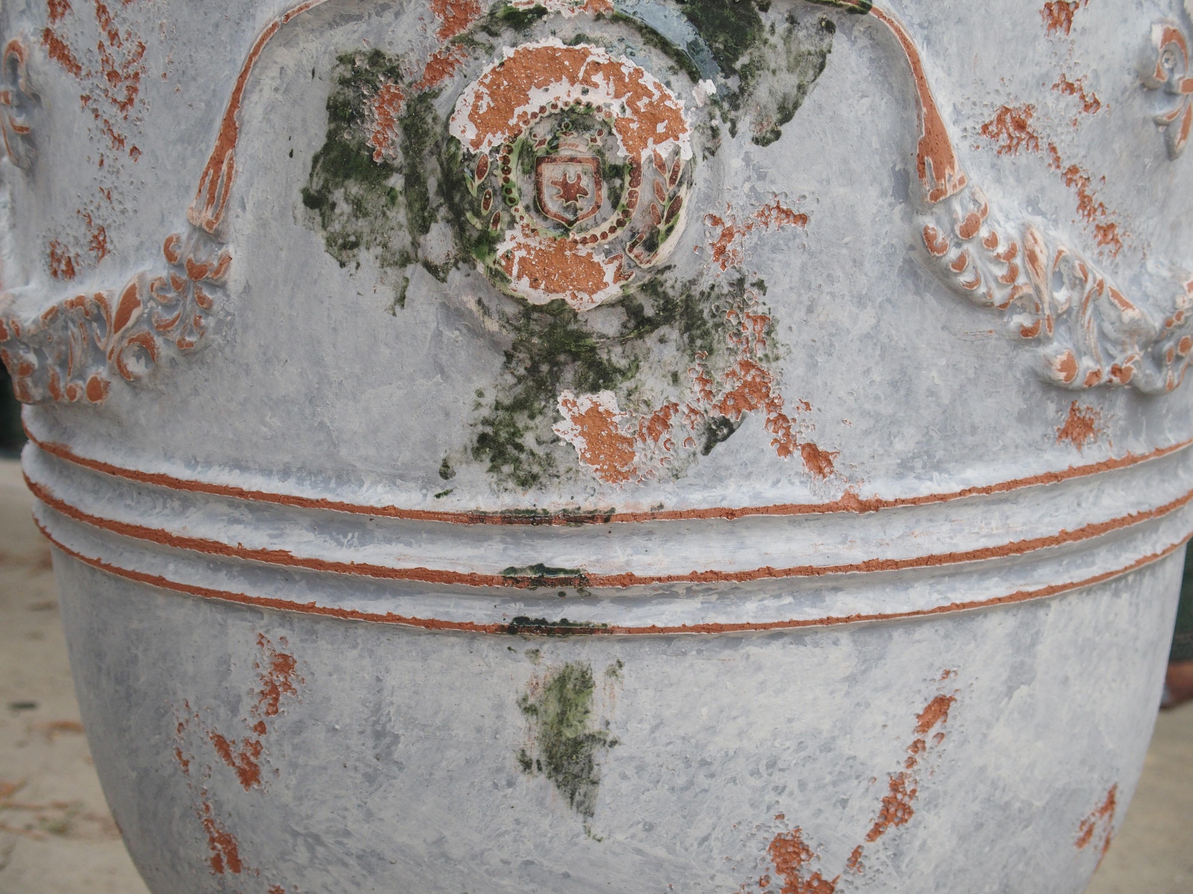 Terracotta Pair of Antiqued White and Blue-Gray Fleur-de-Lis Anduze Pots from France