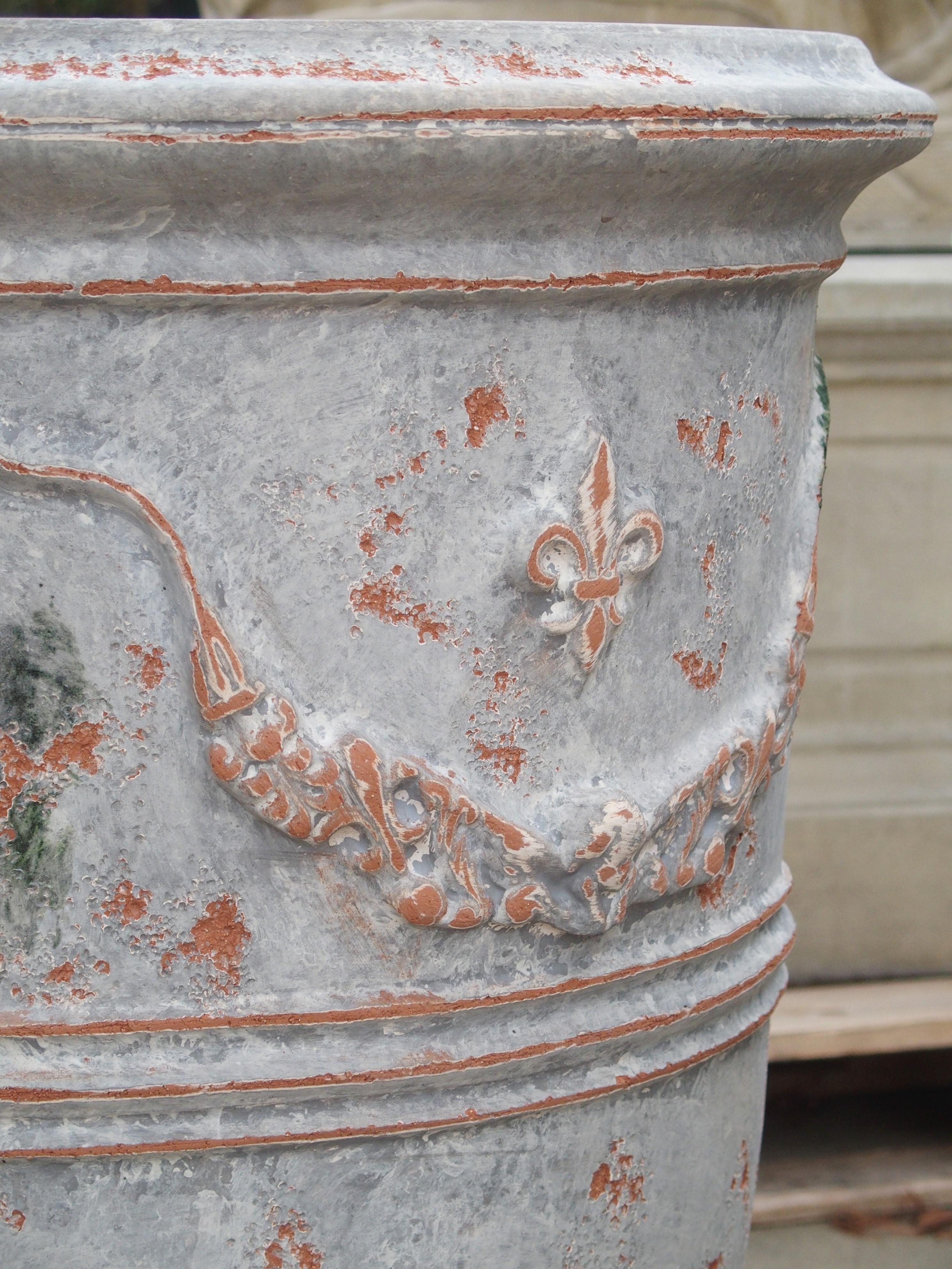 Pair of Antiqued White and Blue-Gray Fleur-de-Lis Anduze Pots from France 1