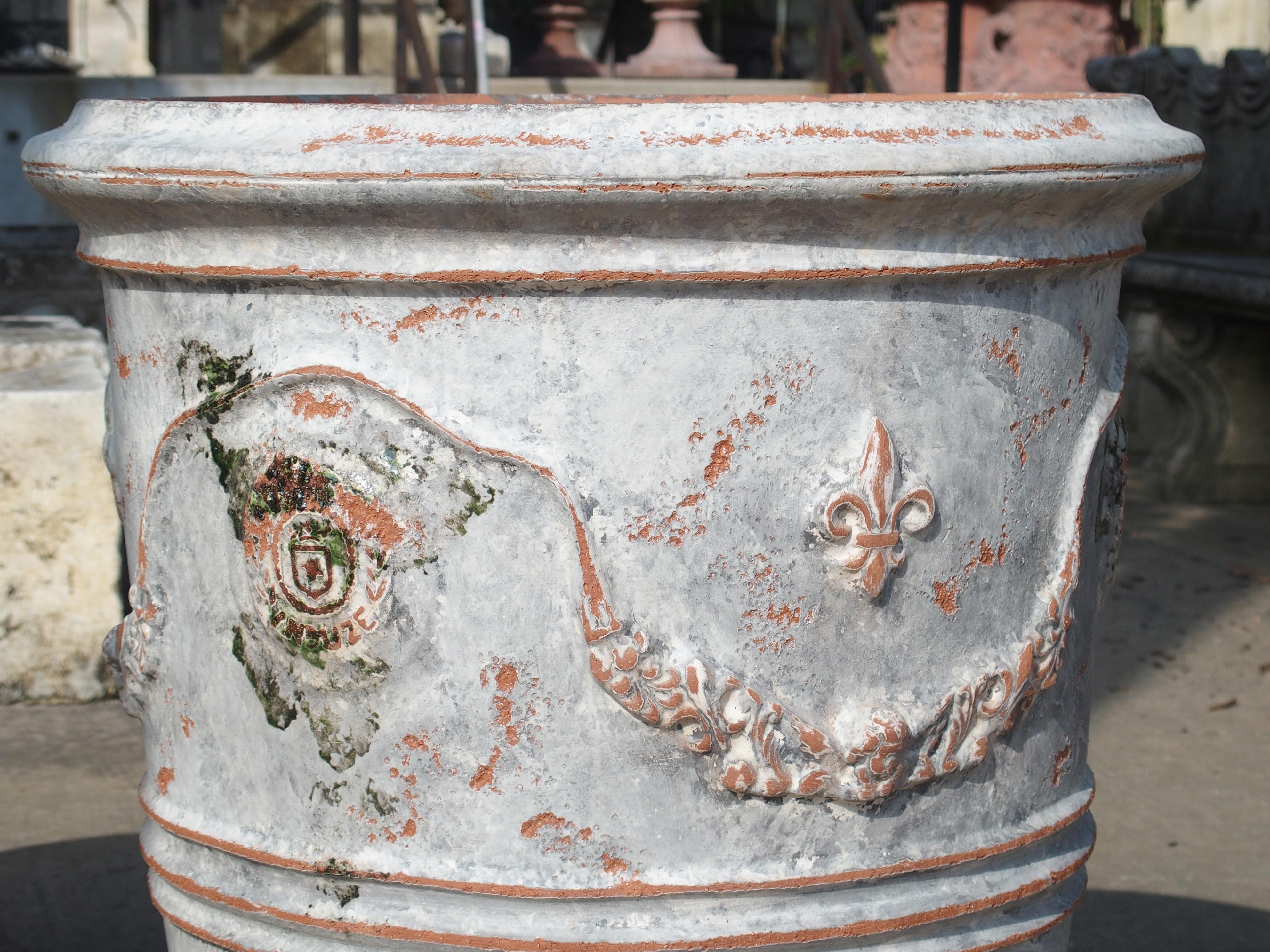 Contemporary Pair of Antiqued White and Gray Fleur-de-Lys Anduze Pots from France