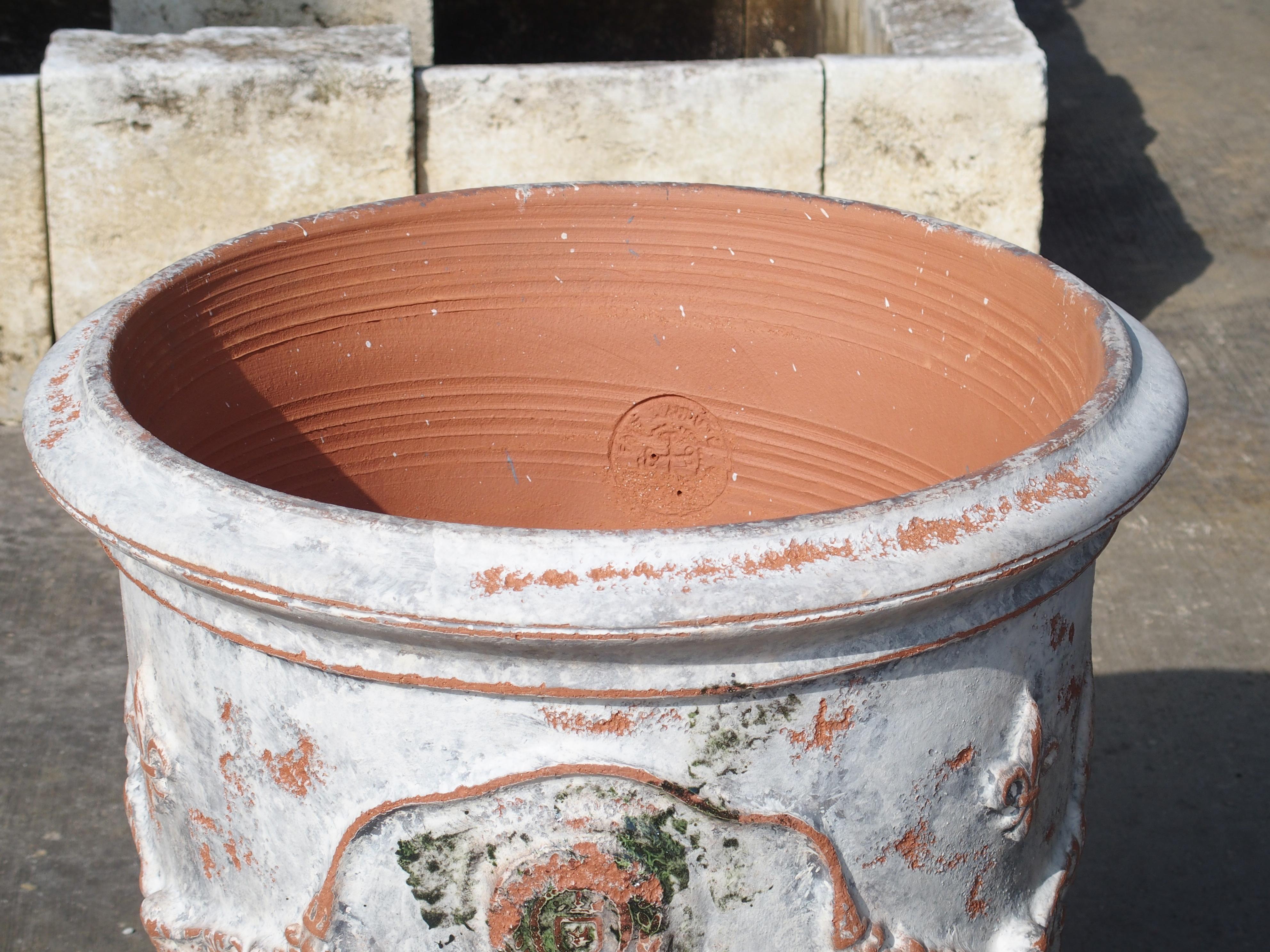Terracotta Pair of Antiqued White and Gray Fleur-de-Lys Anduze Pots from France