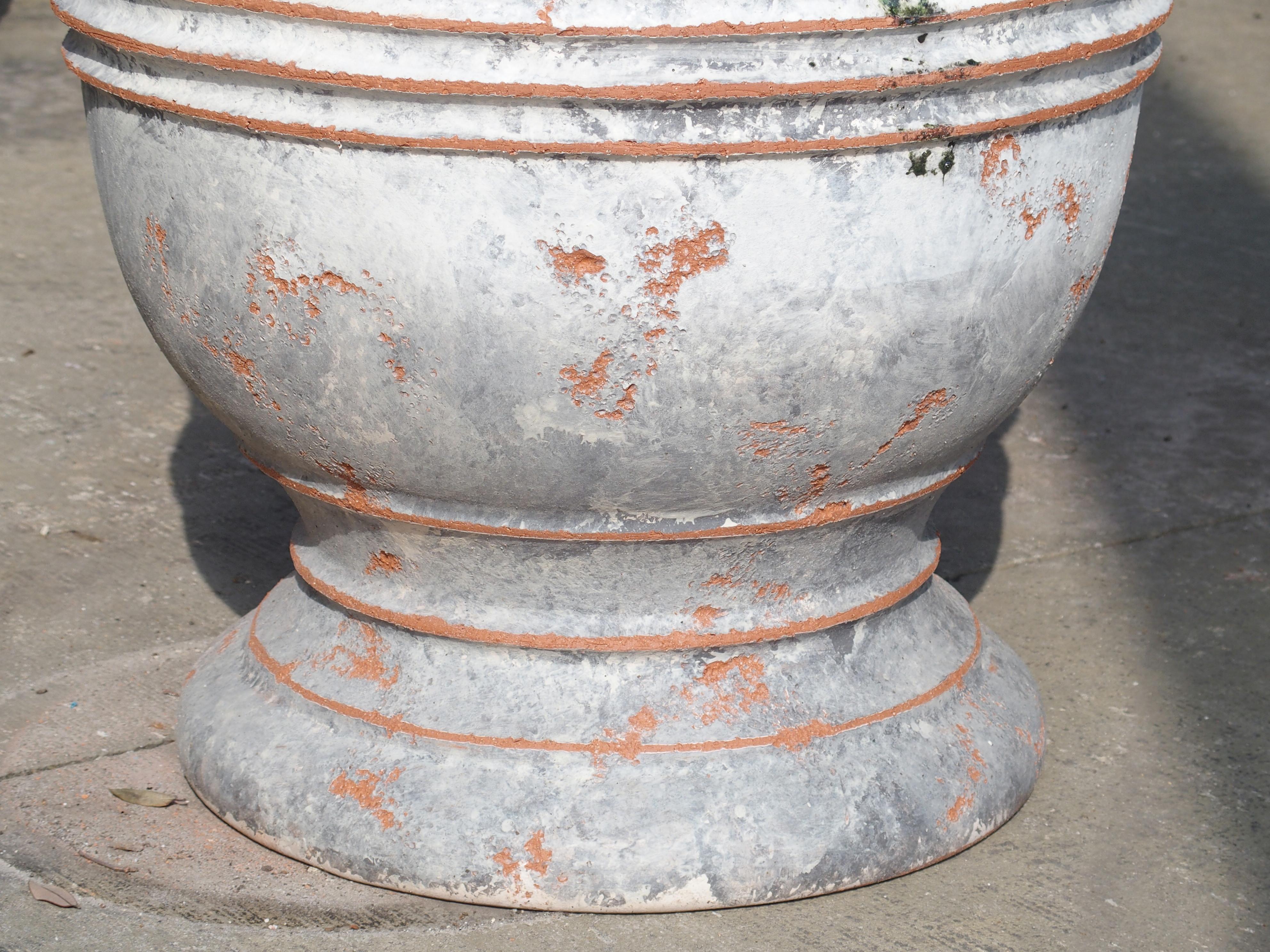 French Pair of Antiqued White and Gray Fleur-de-Lys Anduze Pots from France