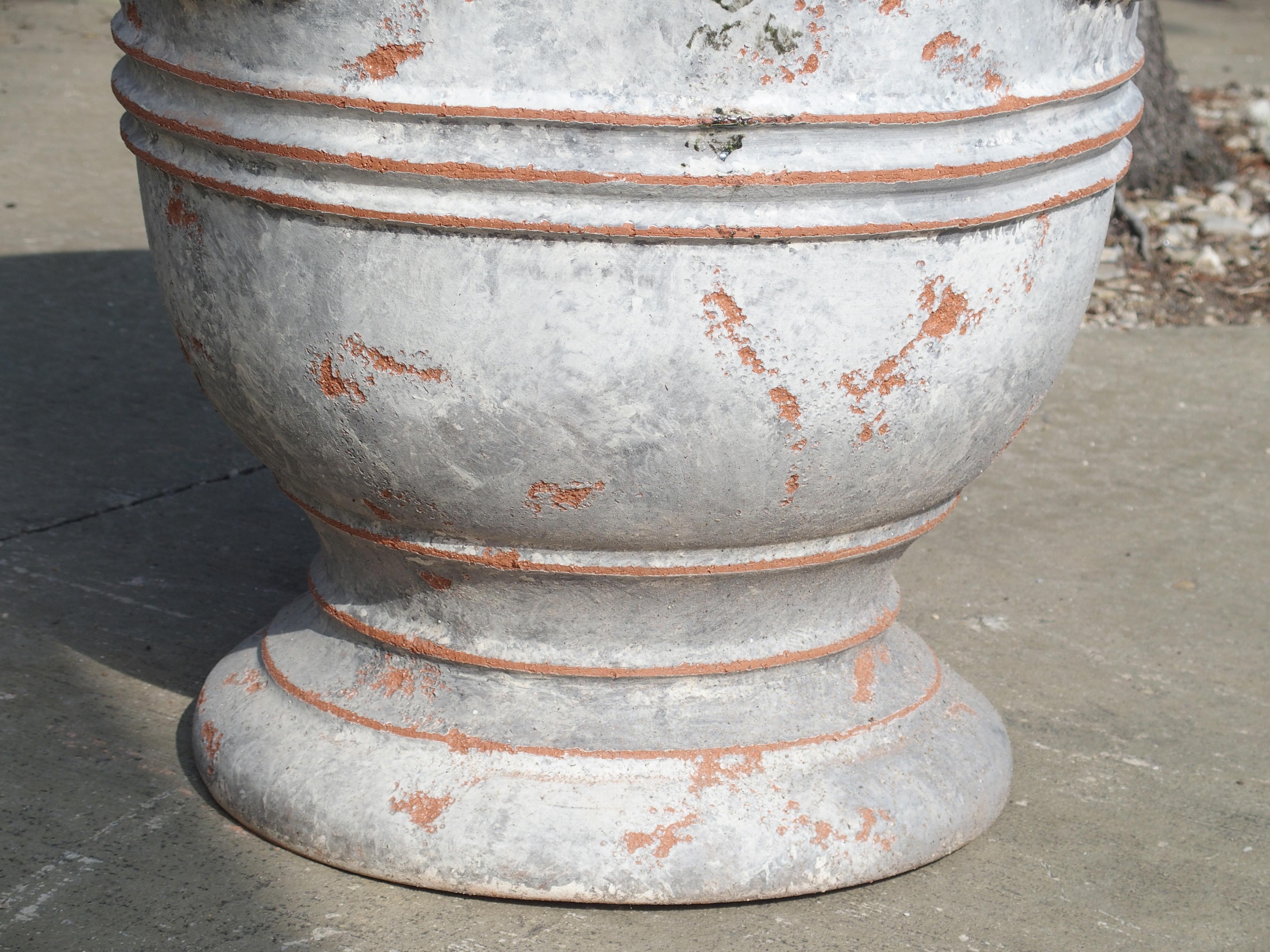 Glazed Pair of Antiqued White and Gray Fleur-de-Lys Anduze Pots from France