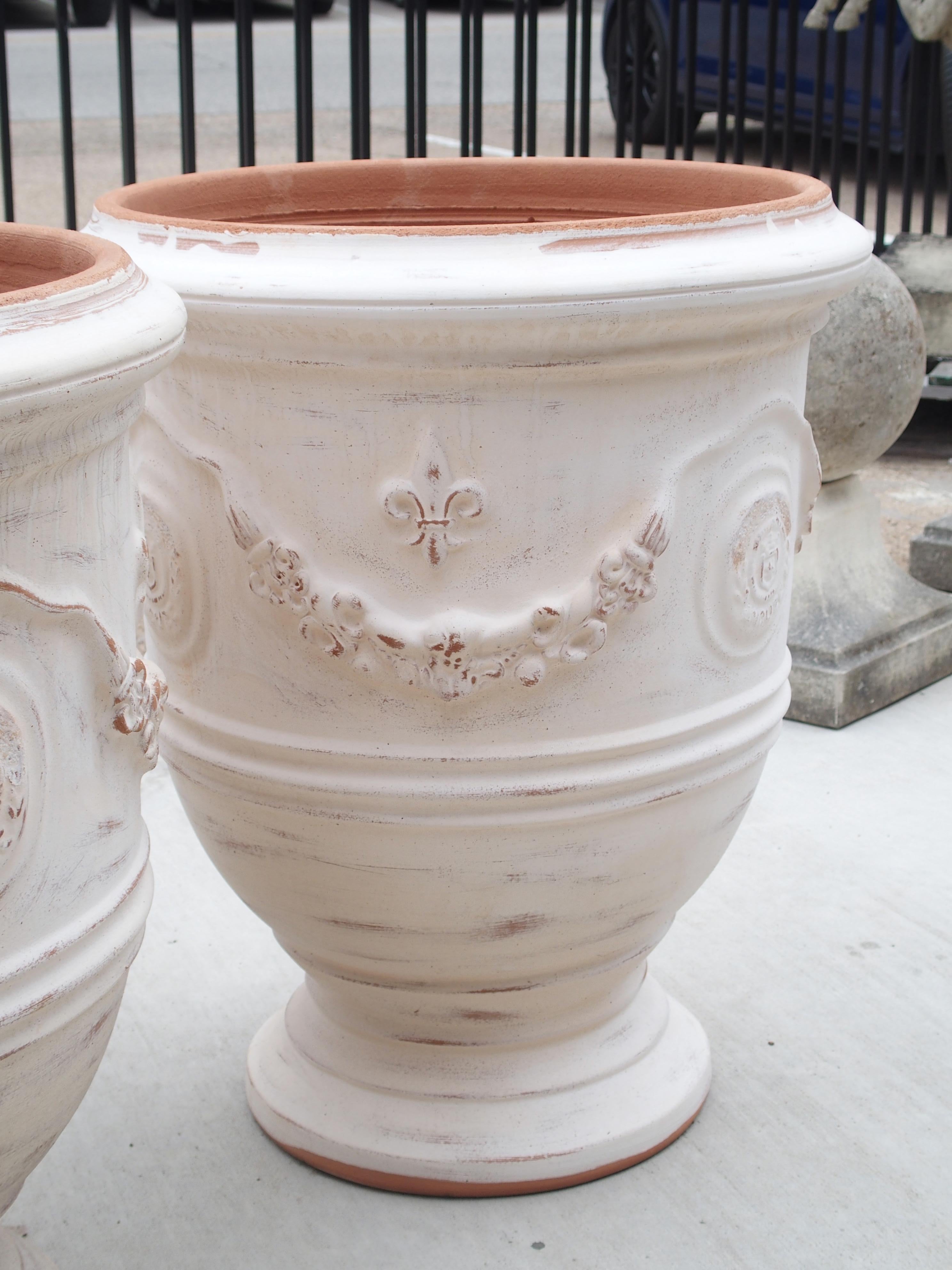 Pair of Antiqued White Fleur-de-Lys Anduze Pots from France 2