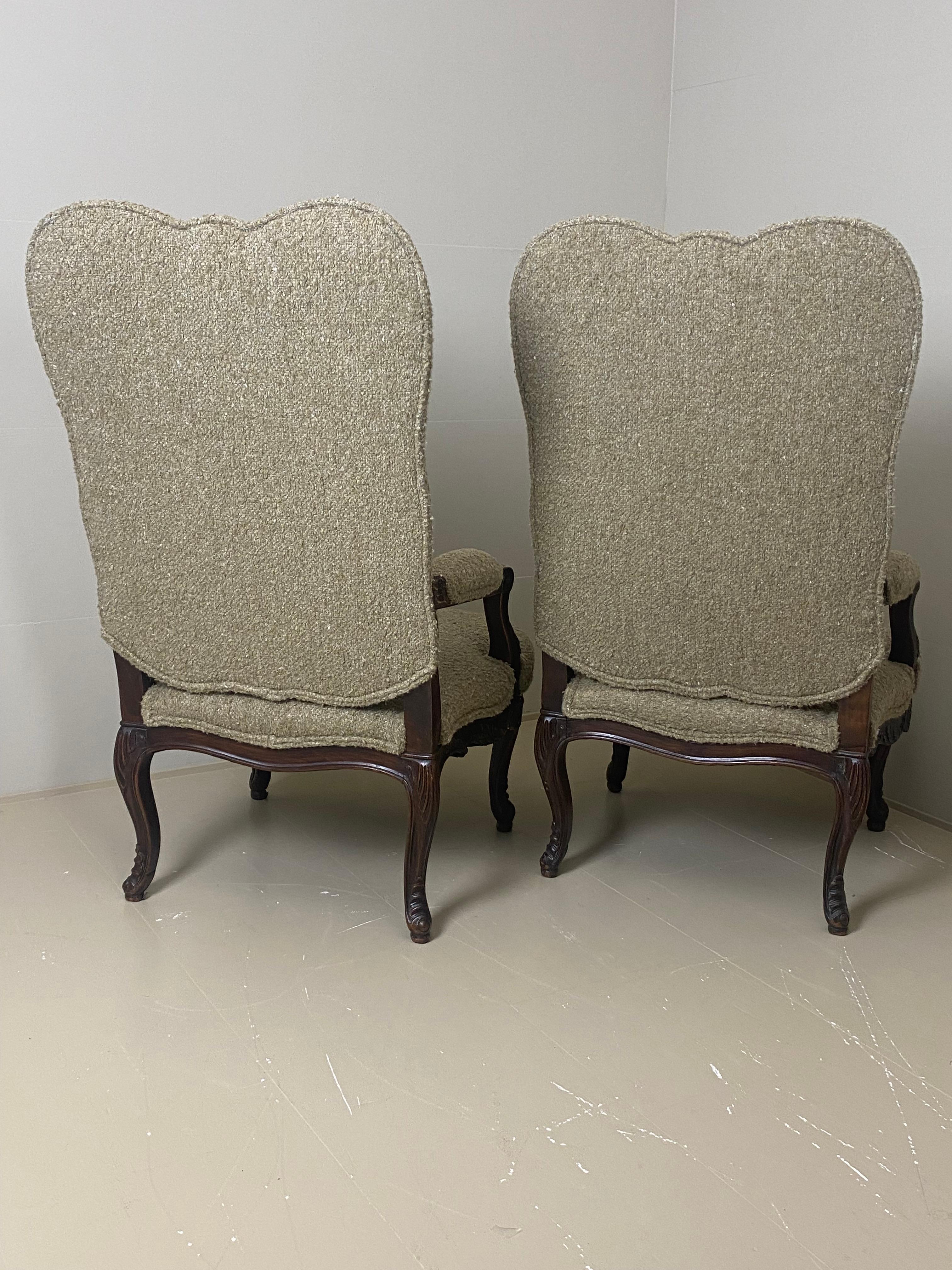 Pair of Antique, Rustic Dark Wooden Armchairs with New Upholstery For Sale 4