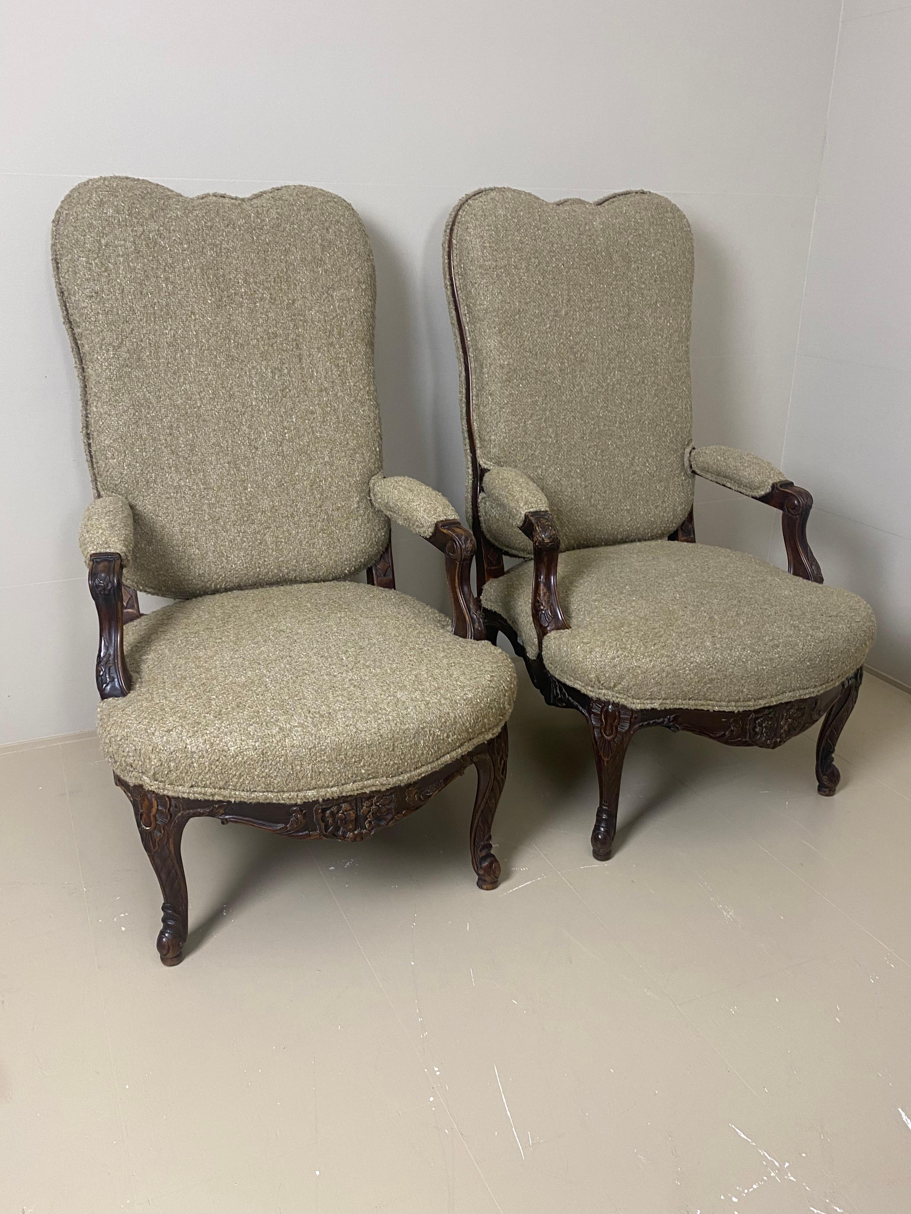 Spanish Pair of Antique, Rustic Dark Wooden Armchairs with New Upholstery For Sale