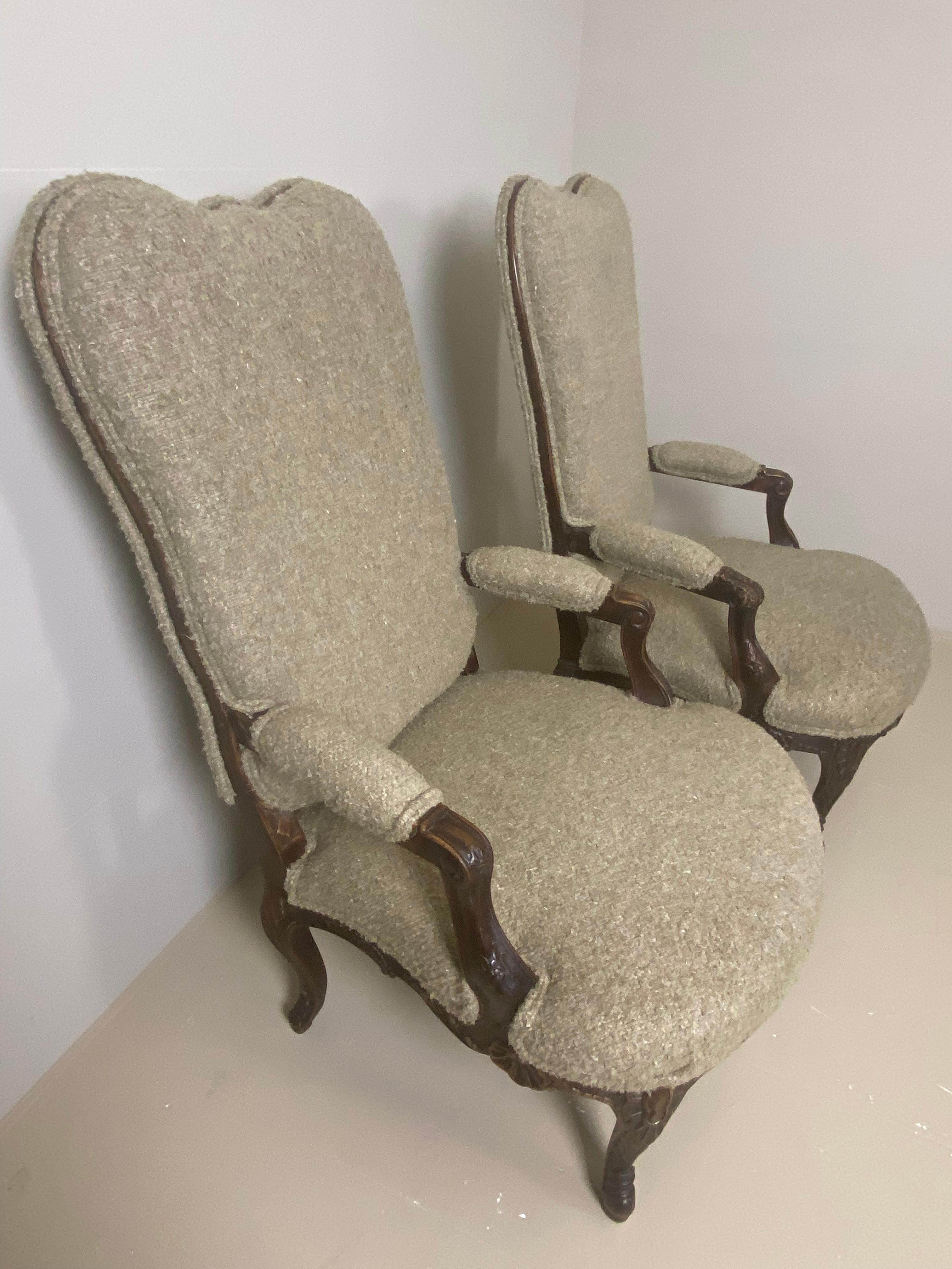 Pair of Antique, Rustic Dark Wooden Armchairs with New Upholstery In Excellent Condition For Sale In Schellebelle, BE