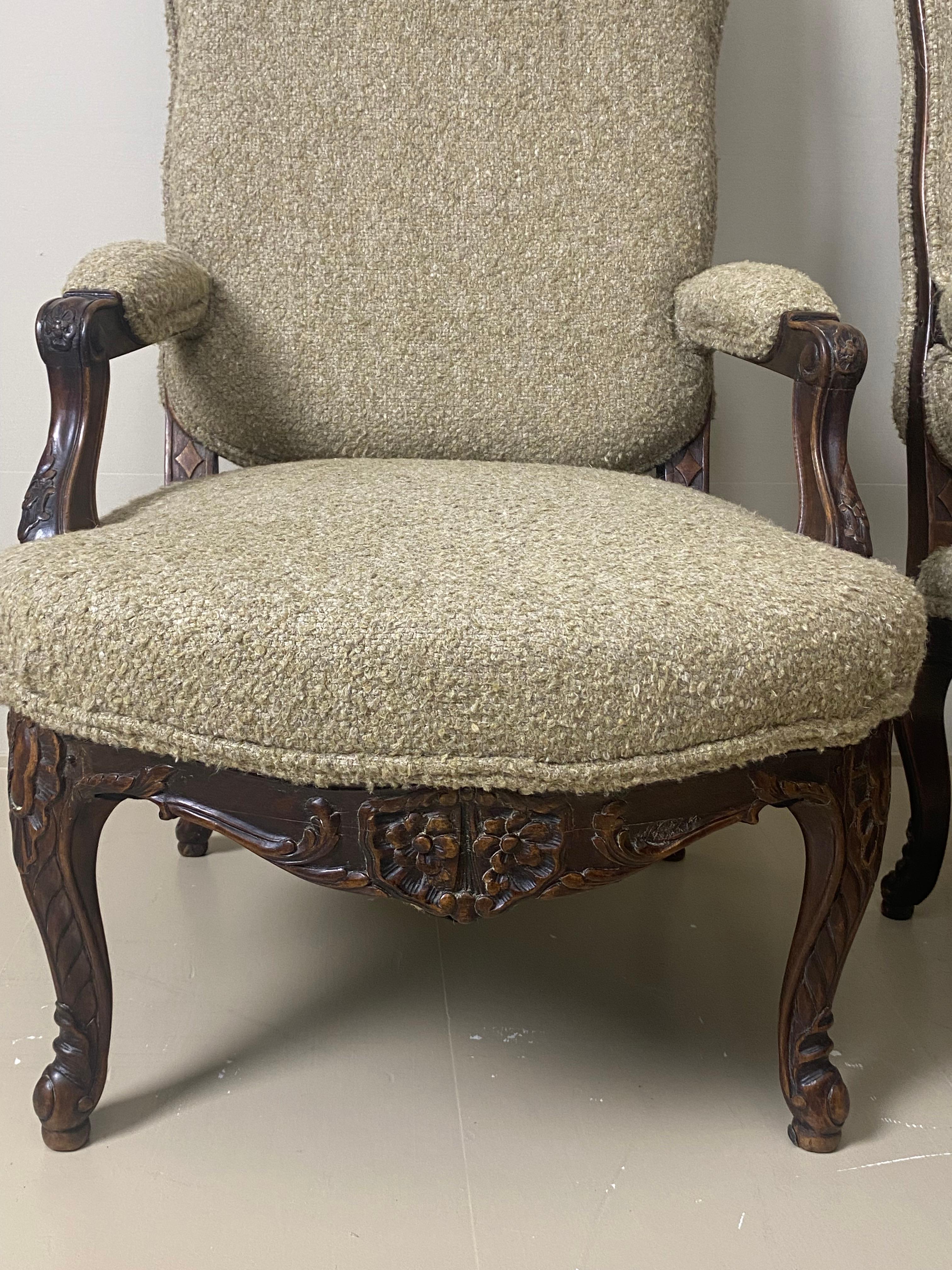 Pair of Antique, Rustic Dark Wooden Armchairs with New Upholstery For Sale 1