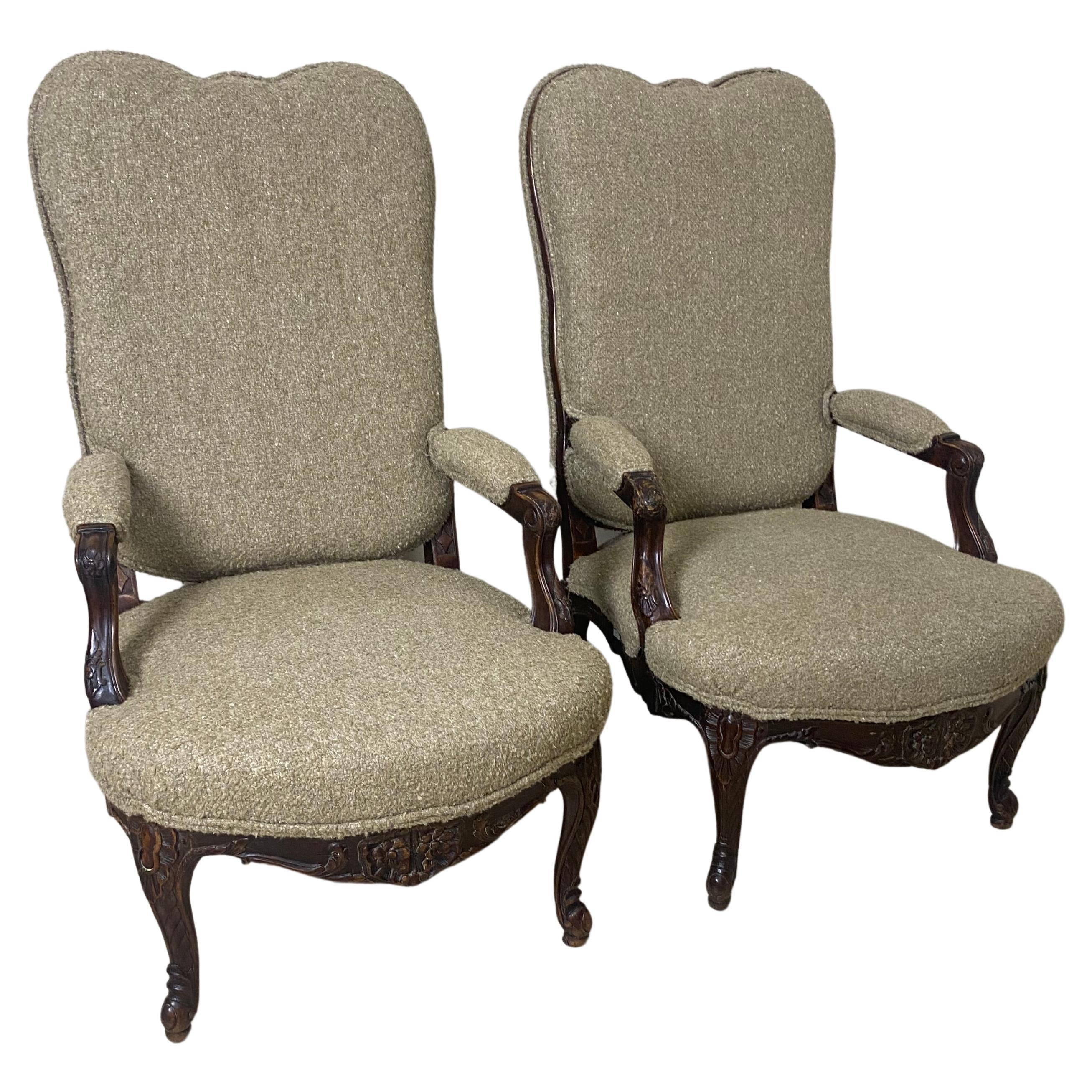 Pair of Antique, Rustic Dark Wooden Armchairs with New Upholstery For Sale