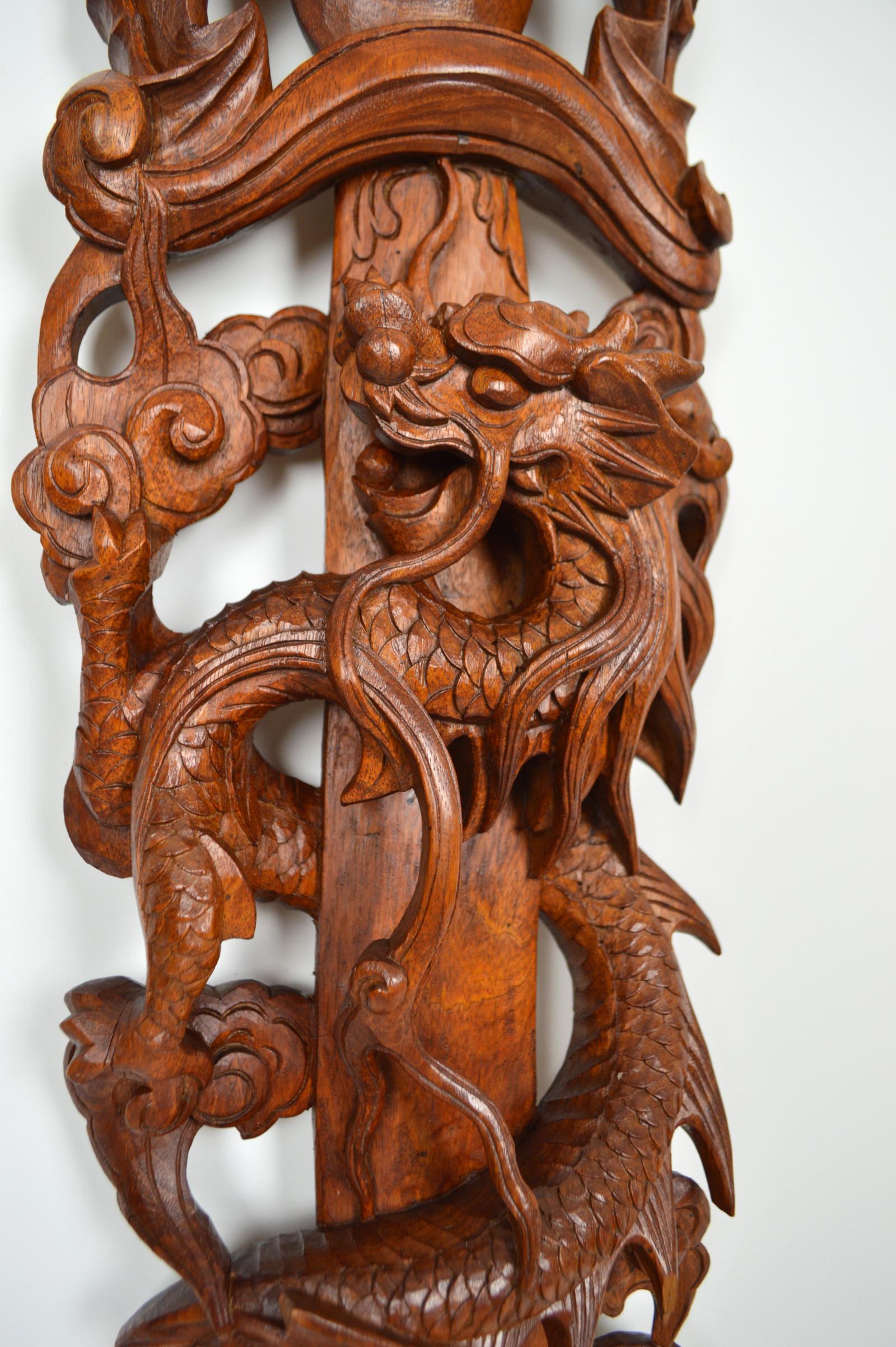 Pair of Antiques Asian Hand-Carved Panels, Swords with Dragons & Bats, 1900s 3