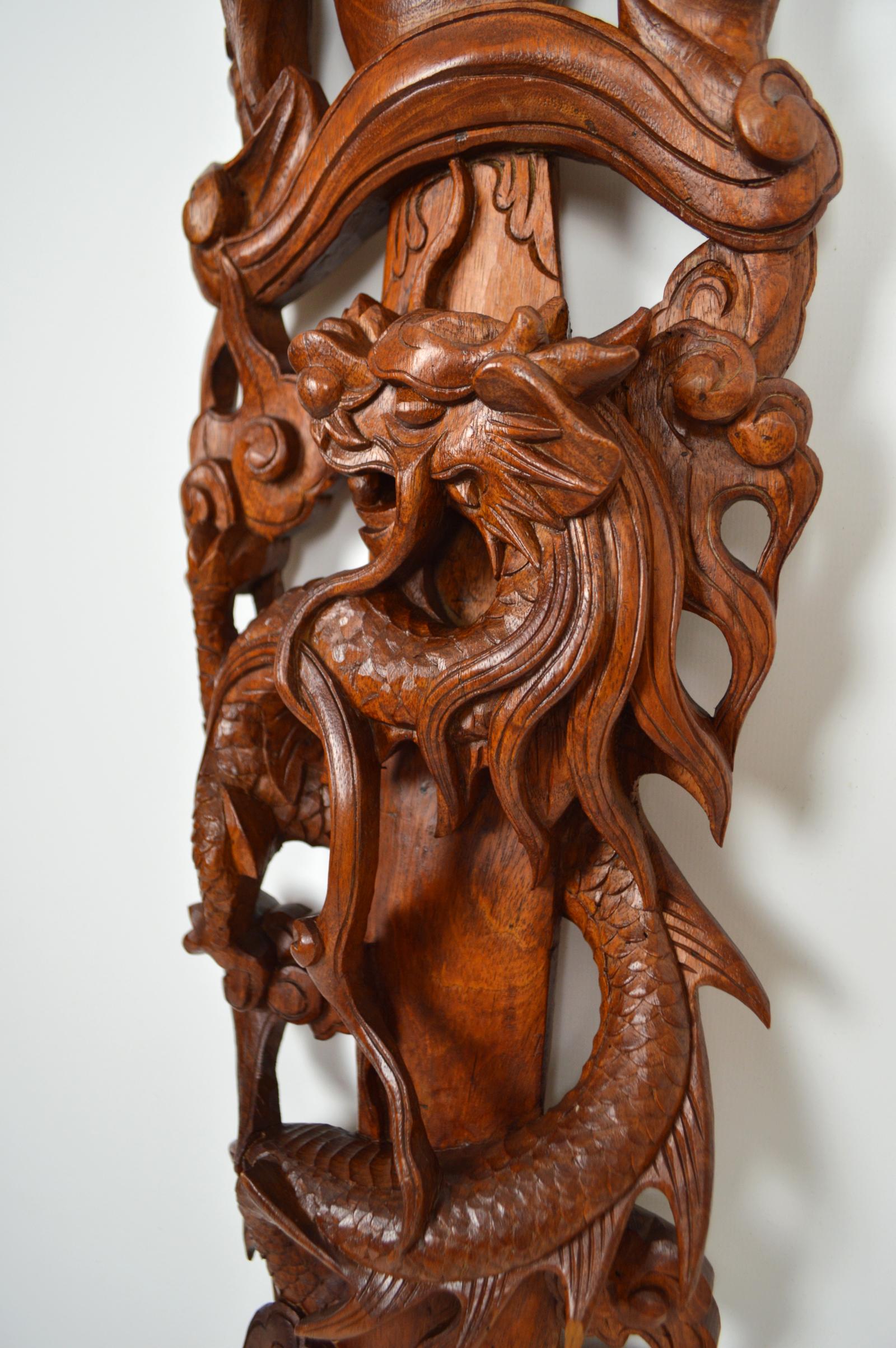 Pair of Antiques Asian Hand-Carved Panels, Swords with Dragons & Bats, 1900s 4