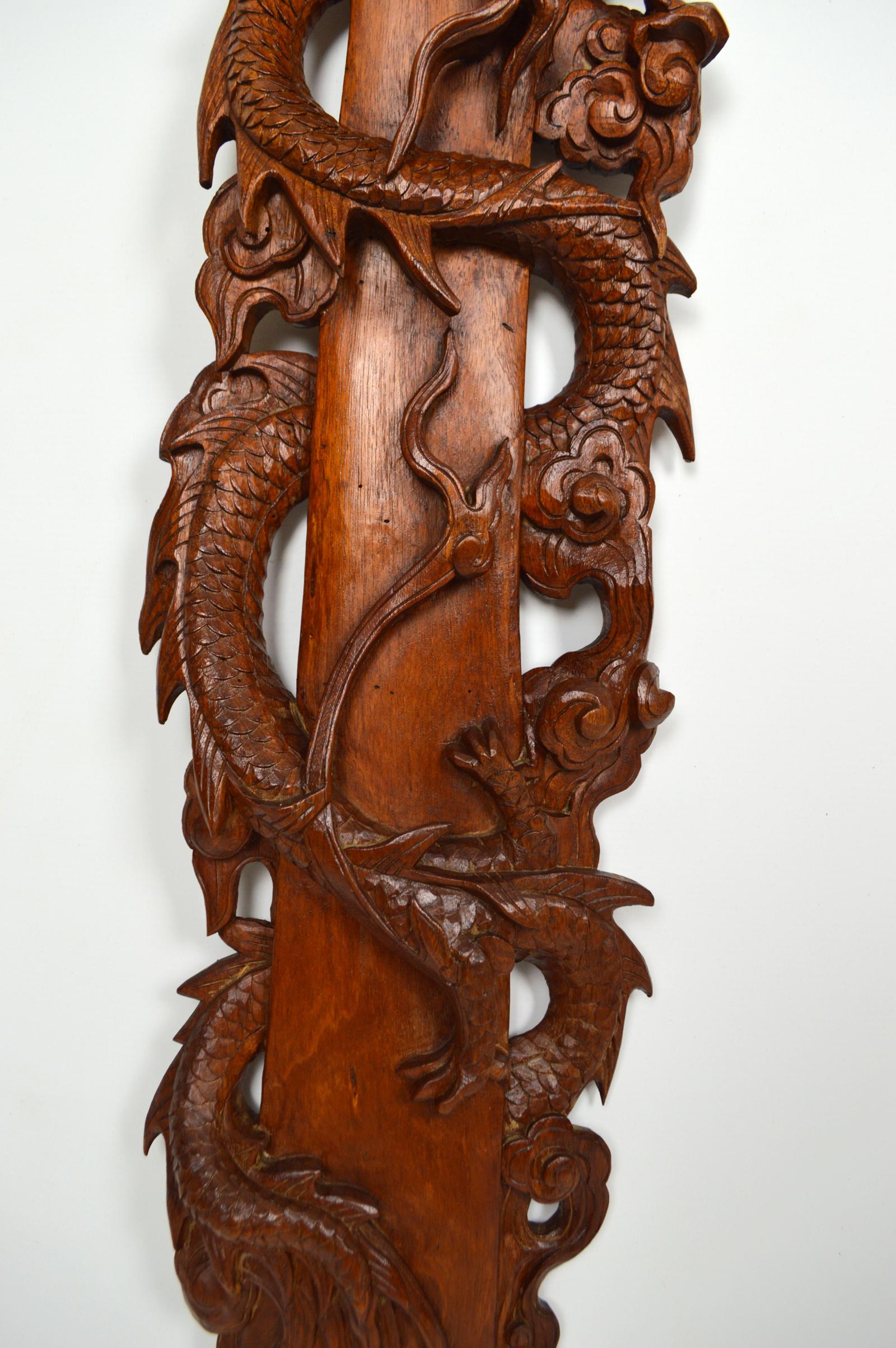 Pair of Antiques Asian Hand-Carved Panels, Swords with Dragons & Bats, 1900s 5