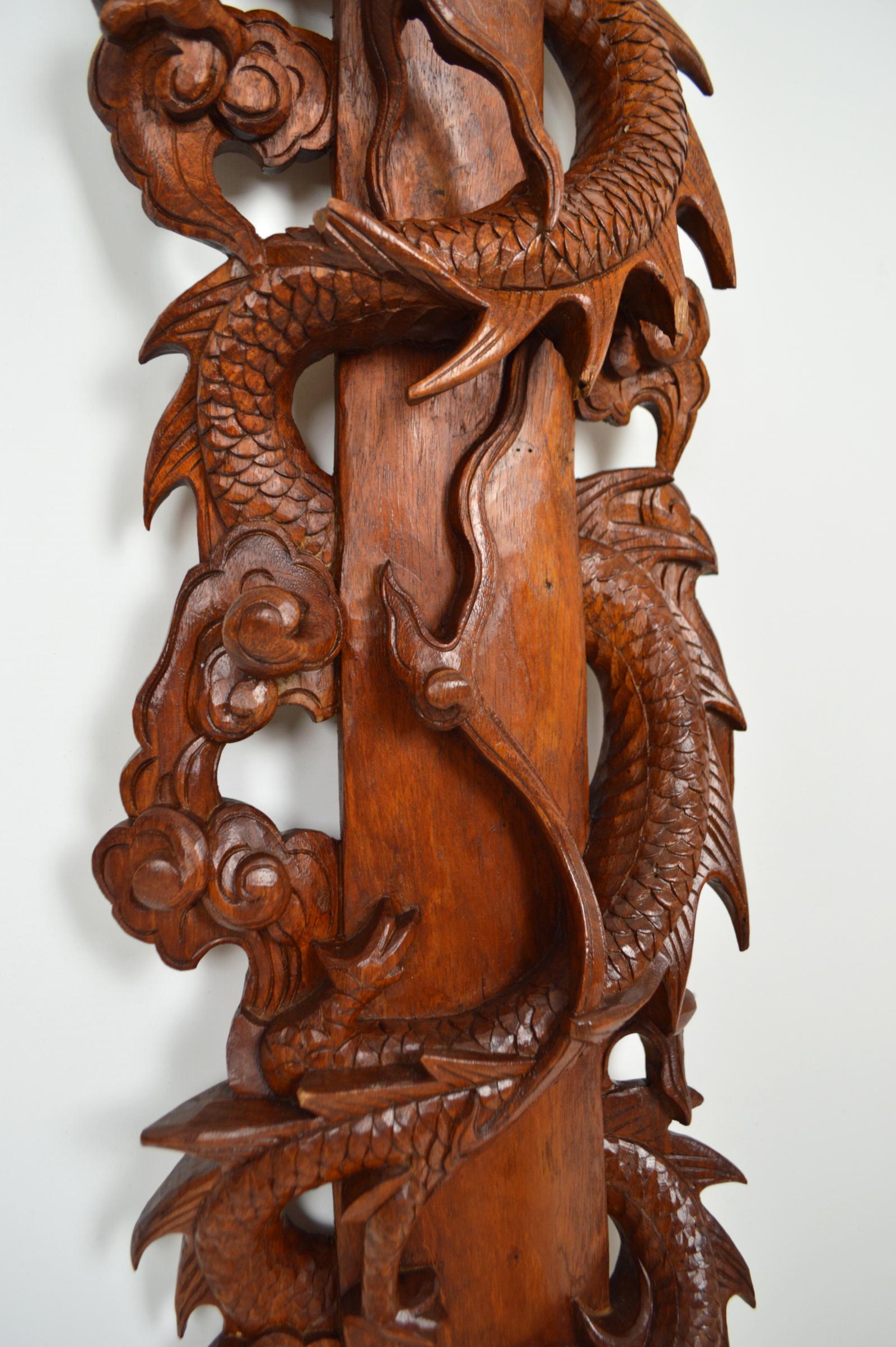 Pair of Antiques Asian Hand-Carved Panels, Swords with Dragons & Bats, 1900s 6