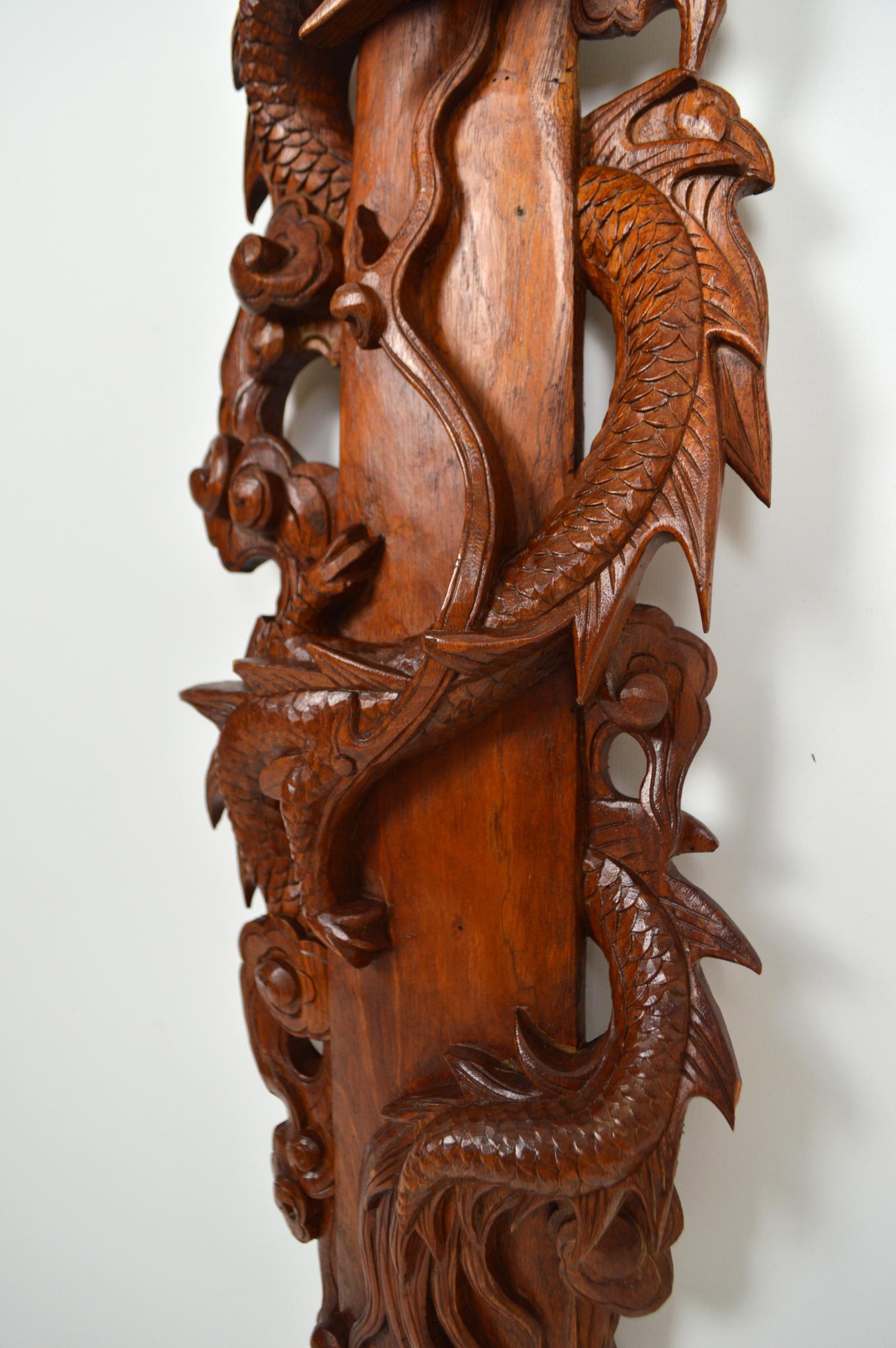 Pair of Antiques Asian Hand-Carved Panels, Swords with Dragons & Bats, 1900s 7