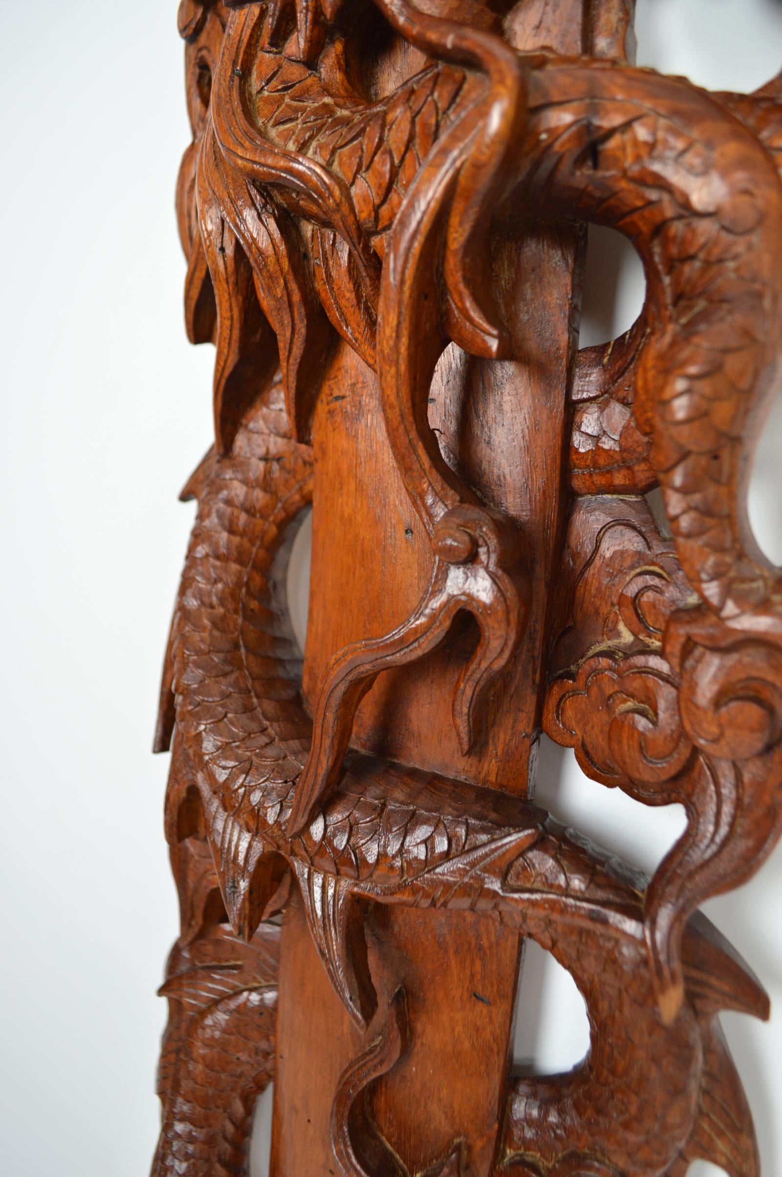 Pair of Antiques Asian Hand-Carved Panels, Swords with Dragons & Bats, 1900s 8