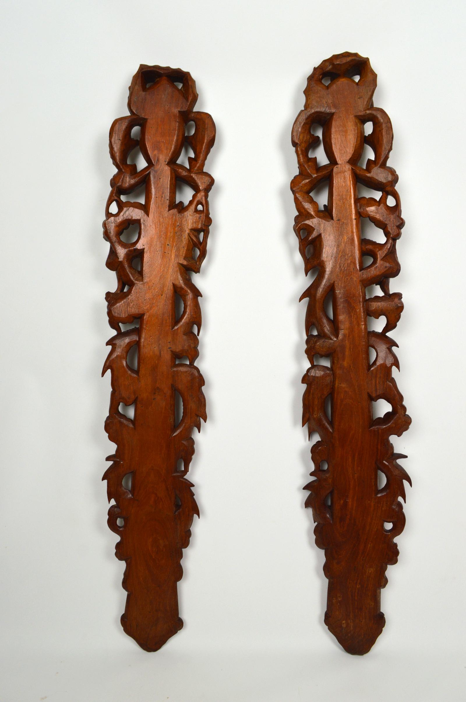Pair of Antiques Asian Hand-Carved Panels, Swords with Dragons & Bats, 1900s 12