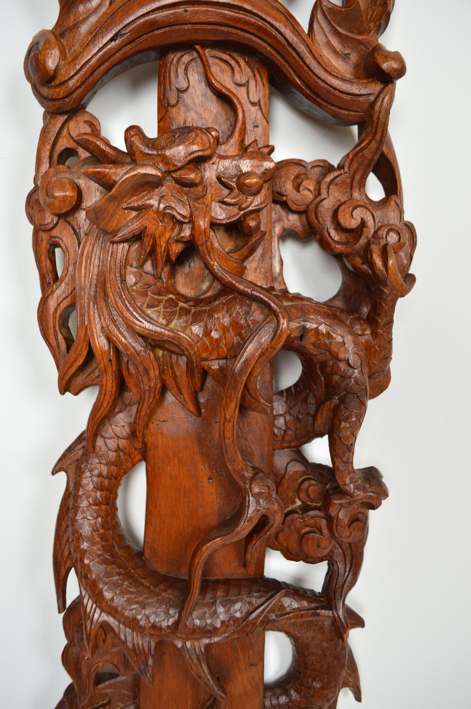 Pair of Antiques Asian Hand-Carved Panels, Swords with Dragons & Bats, 1900s 1