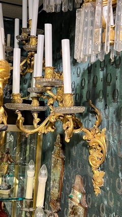 Pair 19th Century French Louis XV Rococo Style Gilt Bronze & Crystal Sconces