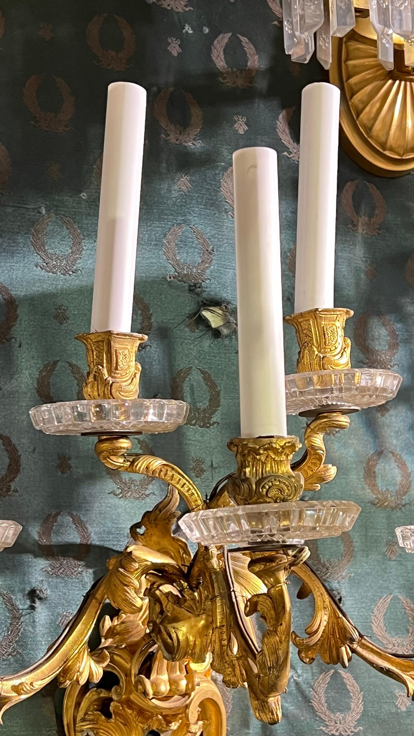 Rococo Revival Pair French 19th Century Rococo Style Five-Arm Gilt Bronze and Crystal Sconces For Sale