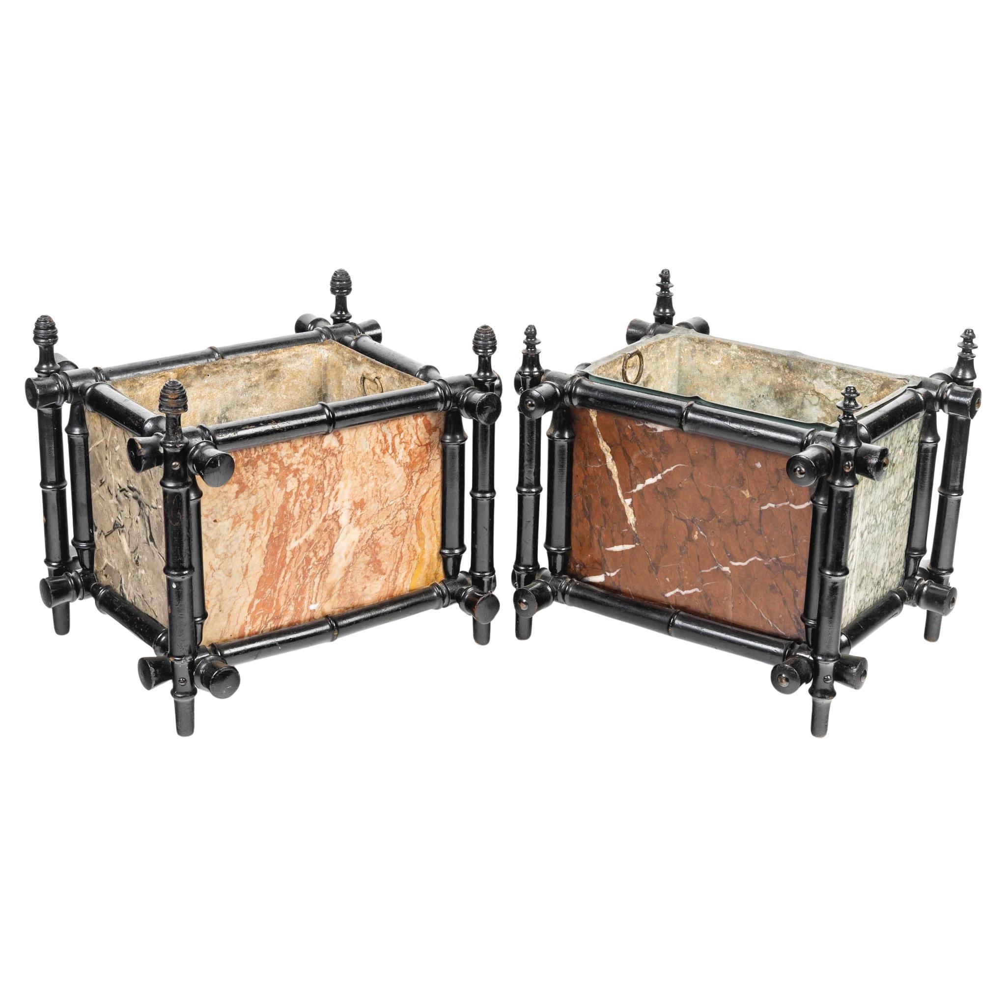 Paire de jardinières antiques en simili-bambou et marbre, vers 1900 en vente