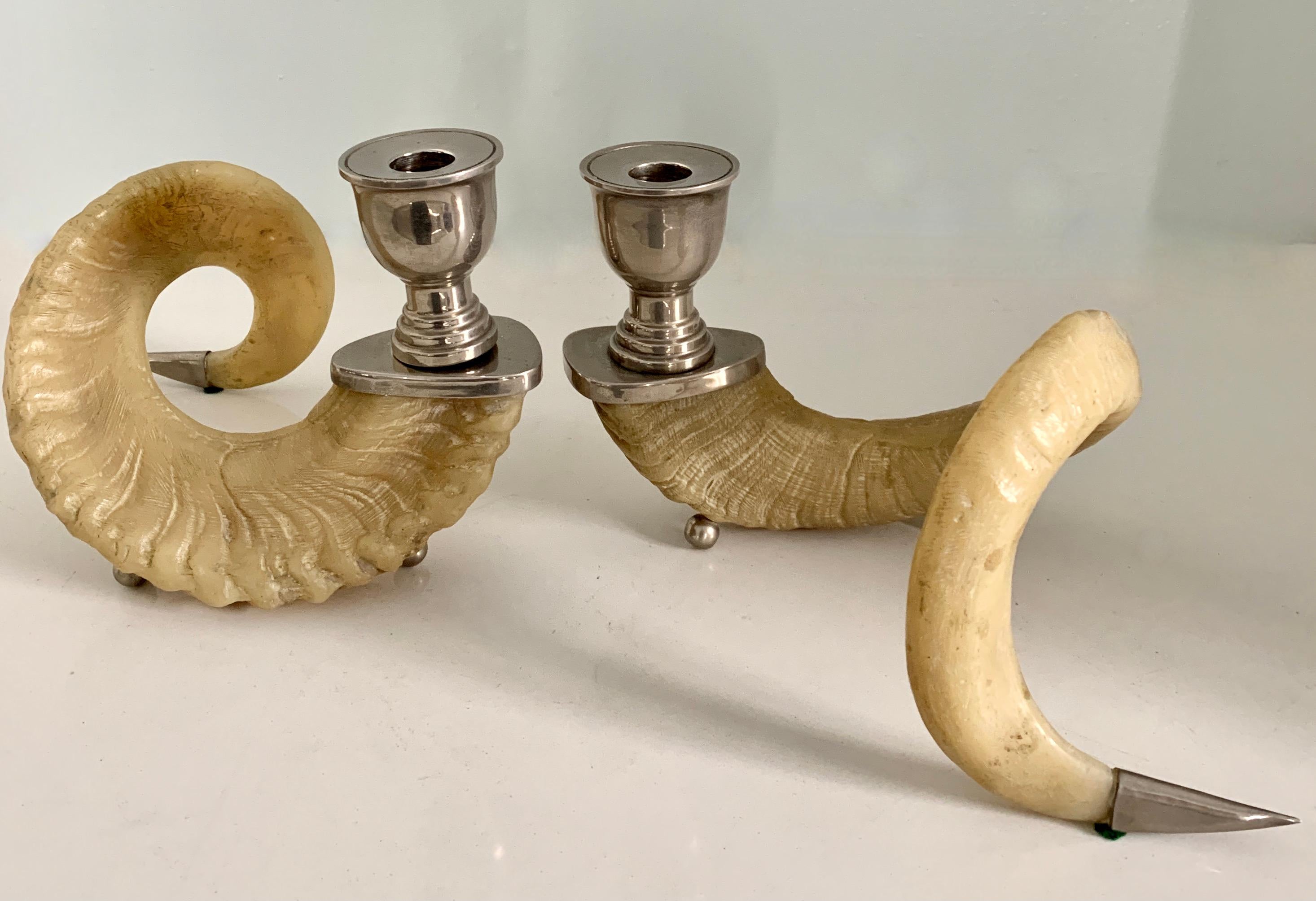 Pair of Rams Horn and Silver Mount Candlesticks 5