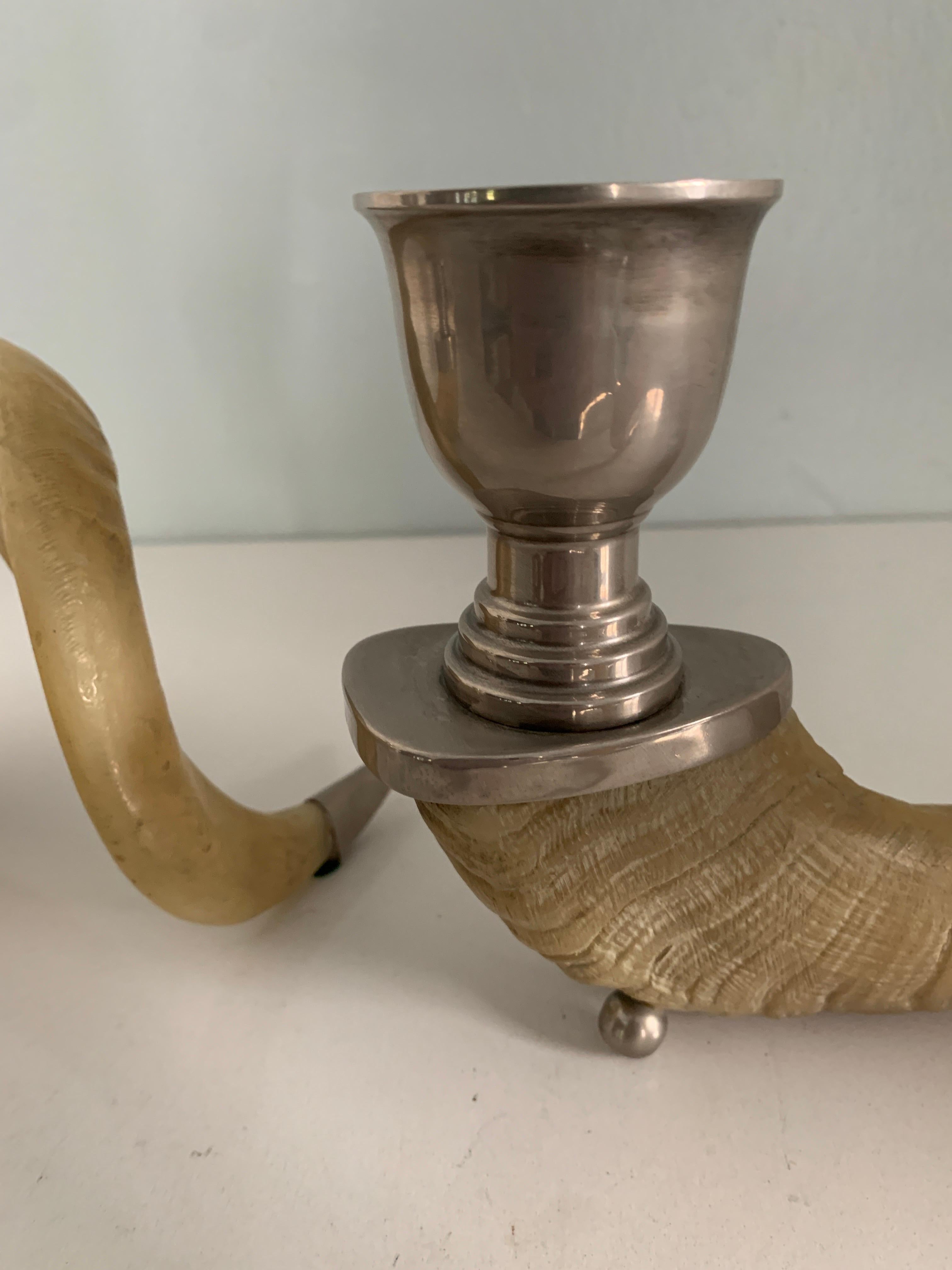 Organic Modern Pair of Rams Horn and Silver Mount Candlesticks
