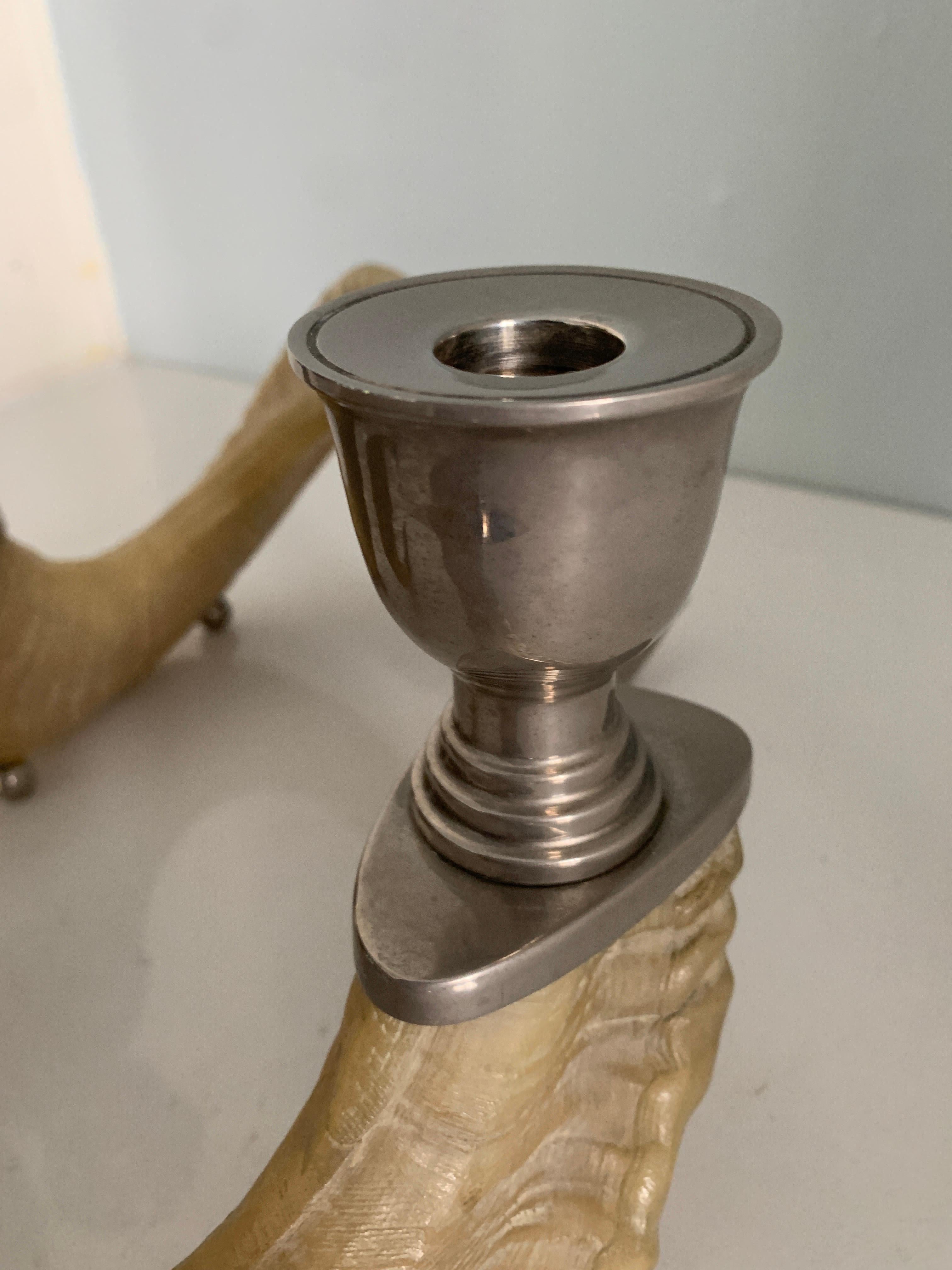 Pair of Rams Horn and Silver Mount Candlesticks In Good Condition In Los Angeles, CA