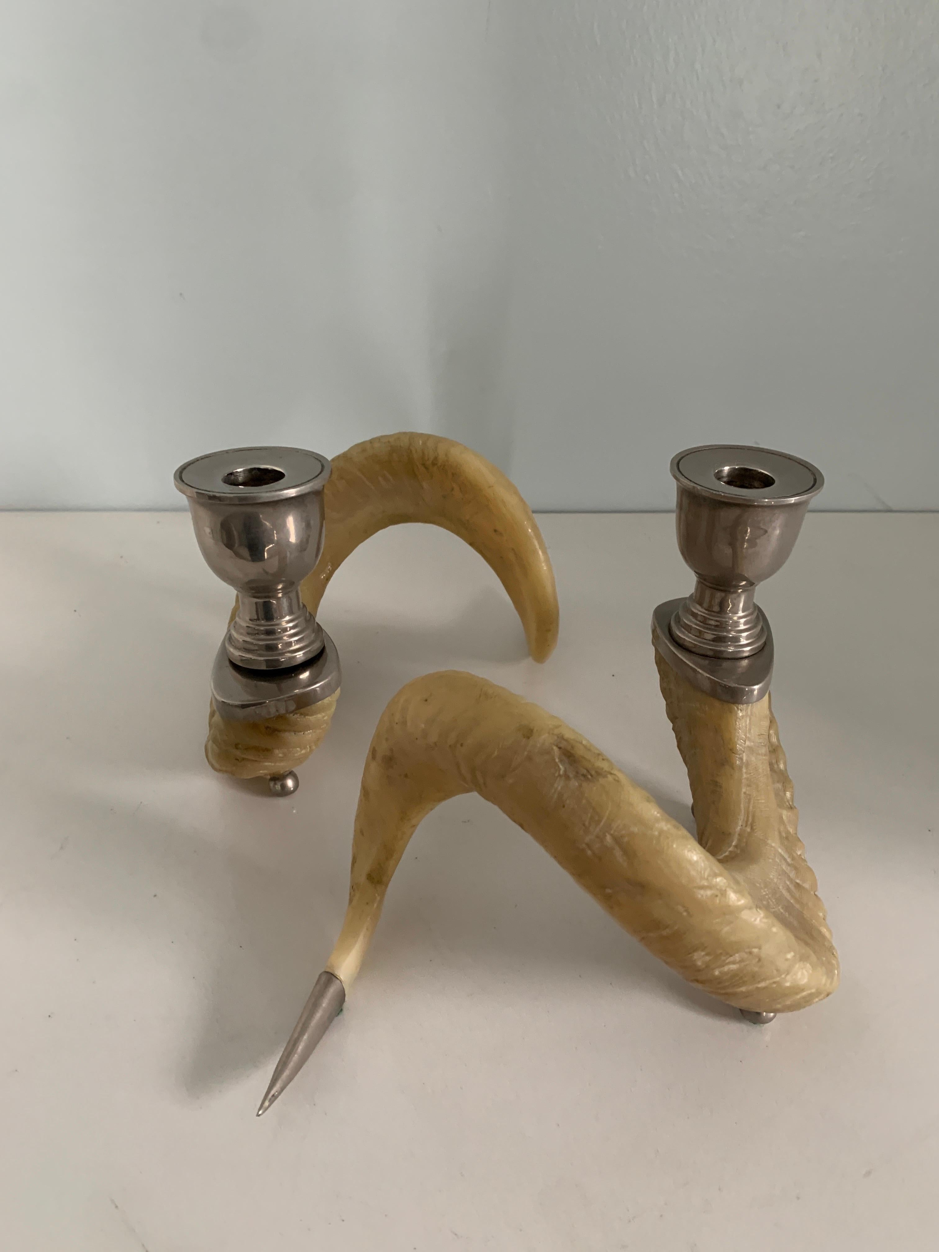 Pair of Rams Horn and Silver Mount Candlesticks 1