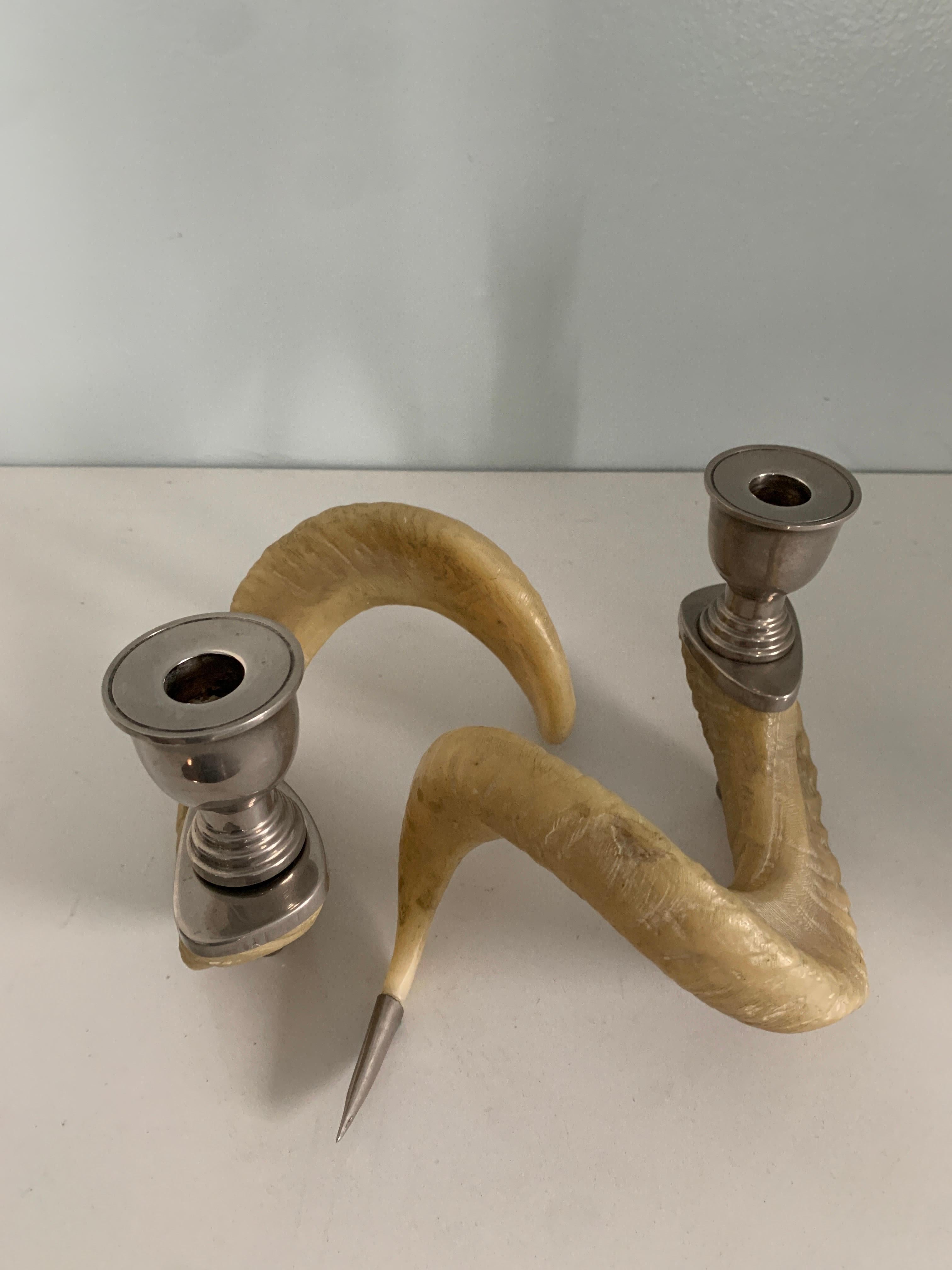 Pair of Rams Horn and Silver Mount Candlesticks 2