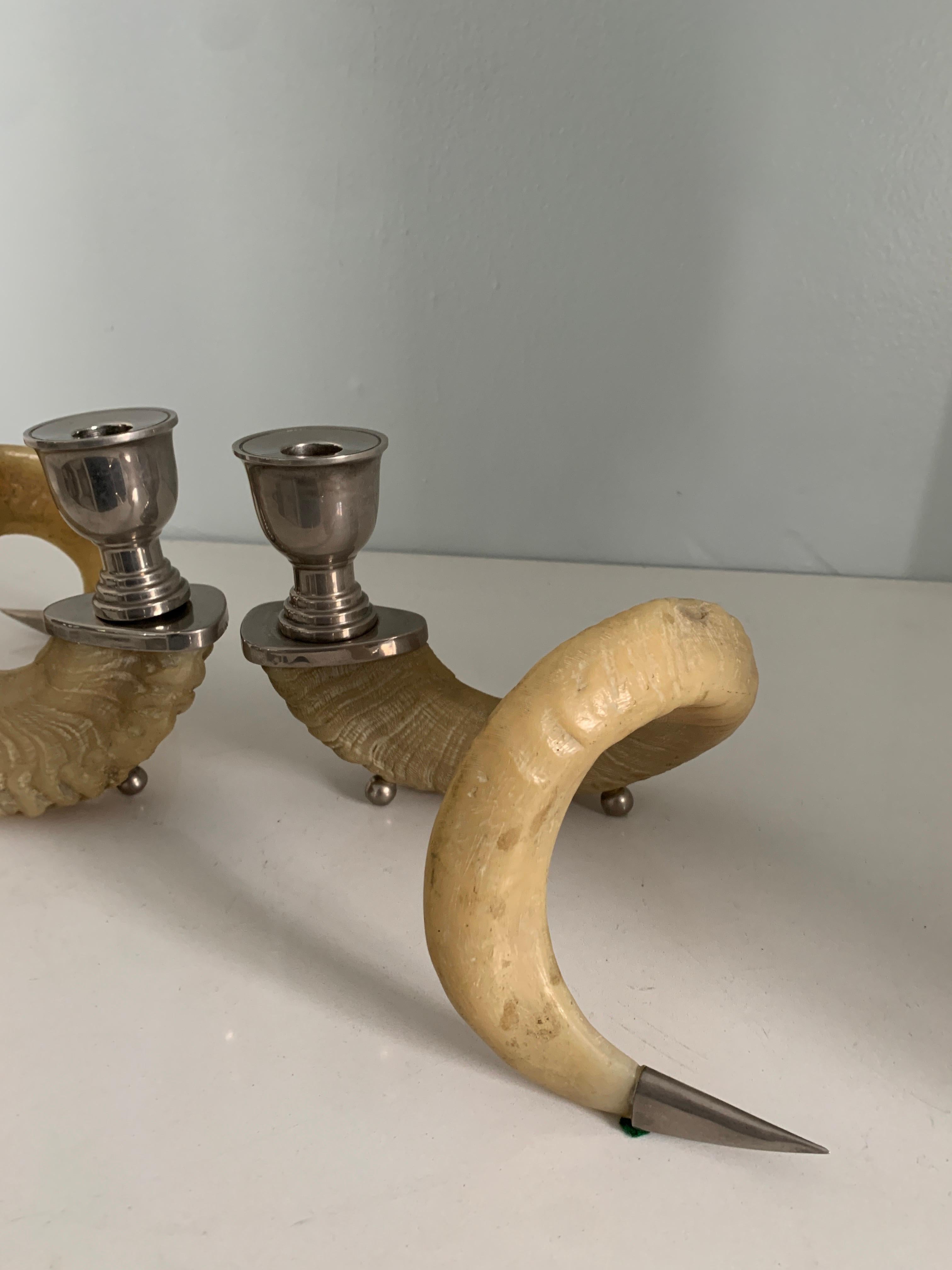 Pair of Rams Horn and Silver Mount Candlesticks 3