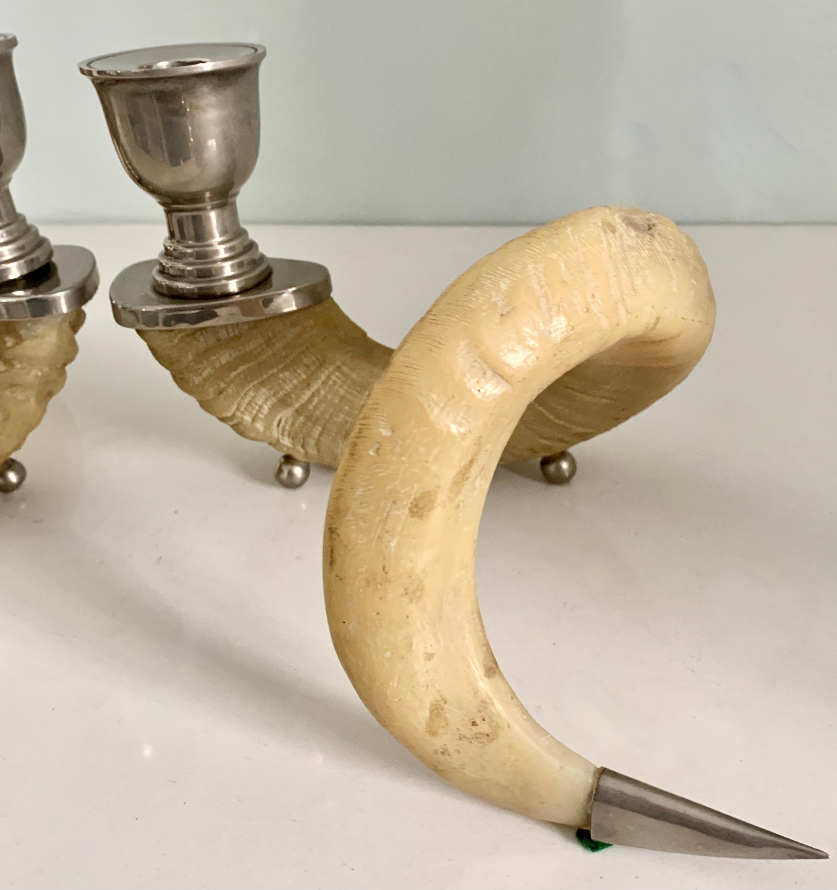 Pair of Rams Horn and Silver Mount Candlesticks 4