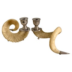 Pair of Rams Horn and Silver Mount Candlesticks
