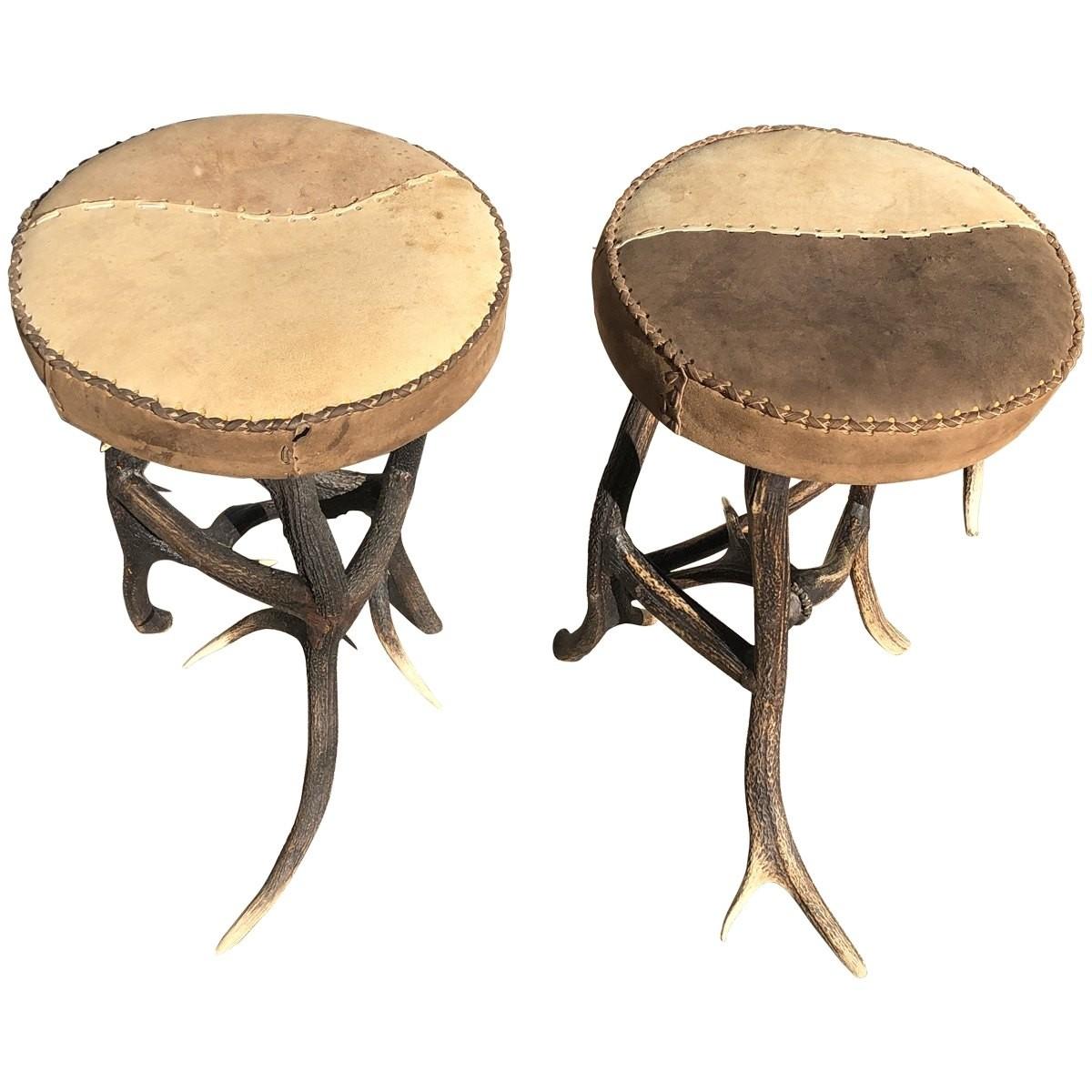 Country Pair of Antler Legs Round Stools, Americana For Sale