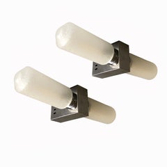 Pair of Mid-Century Modern Satinated Glass and Chrome Sconces, Italy, 1970s