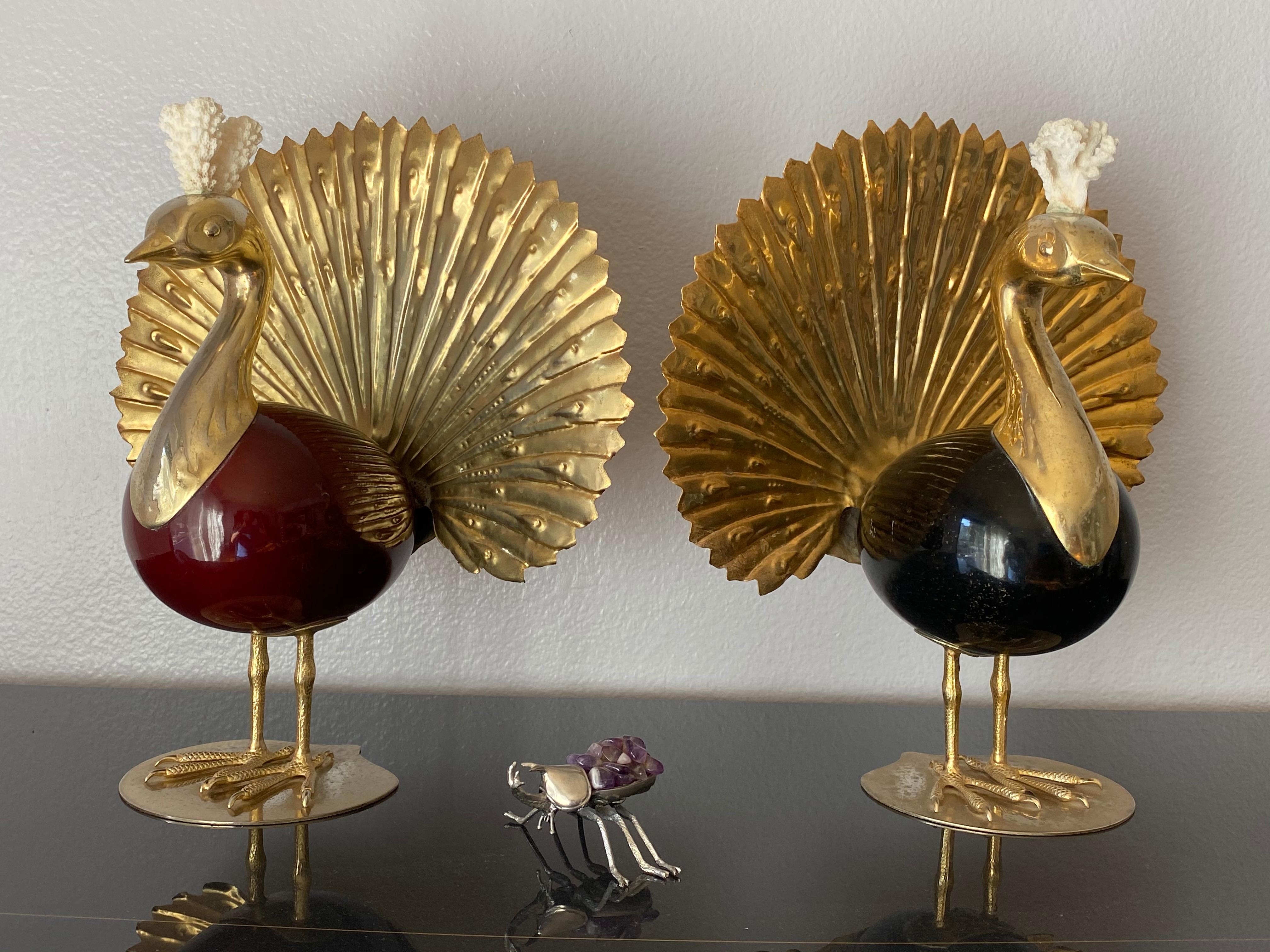 Pair of Antonio Pavia brass and coral peacock bookends sculptures.