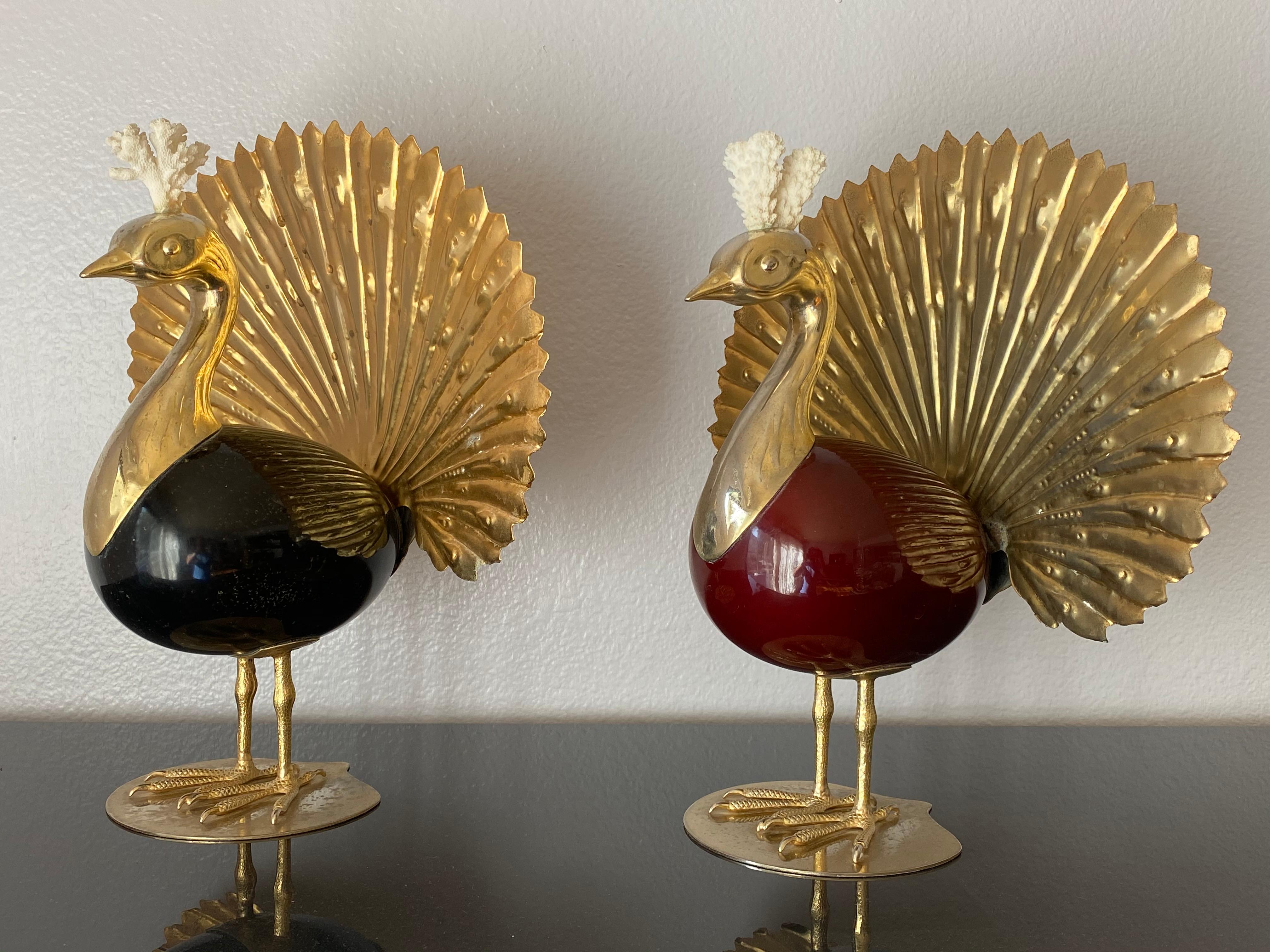 Hollywood Regency Pair of Antonio Pavia Brass and Coral Peacock Bookends Sculptures
