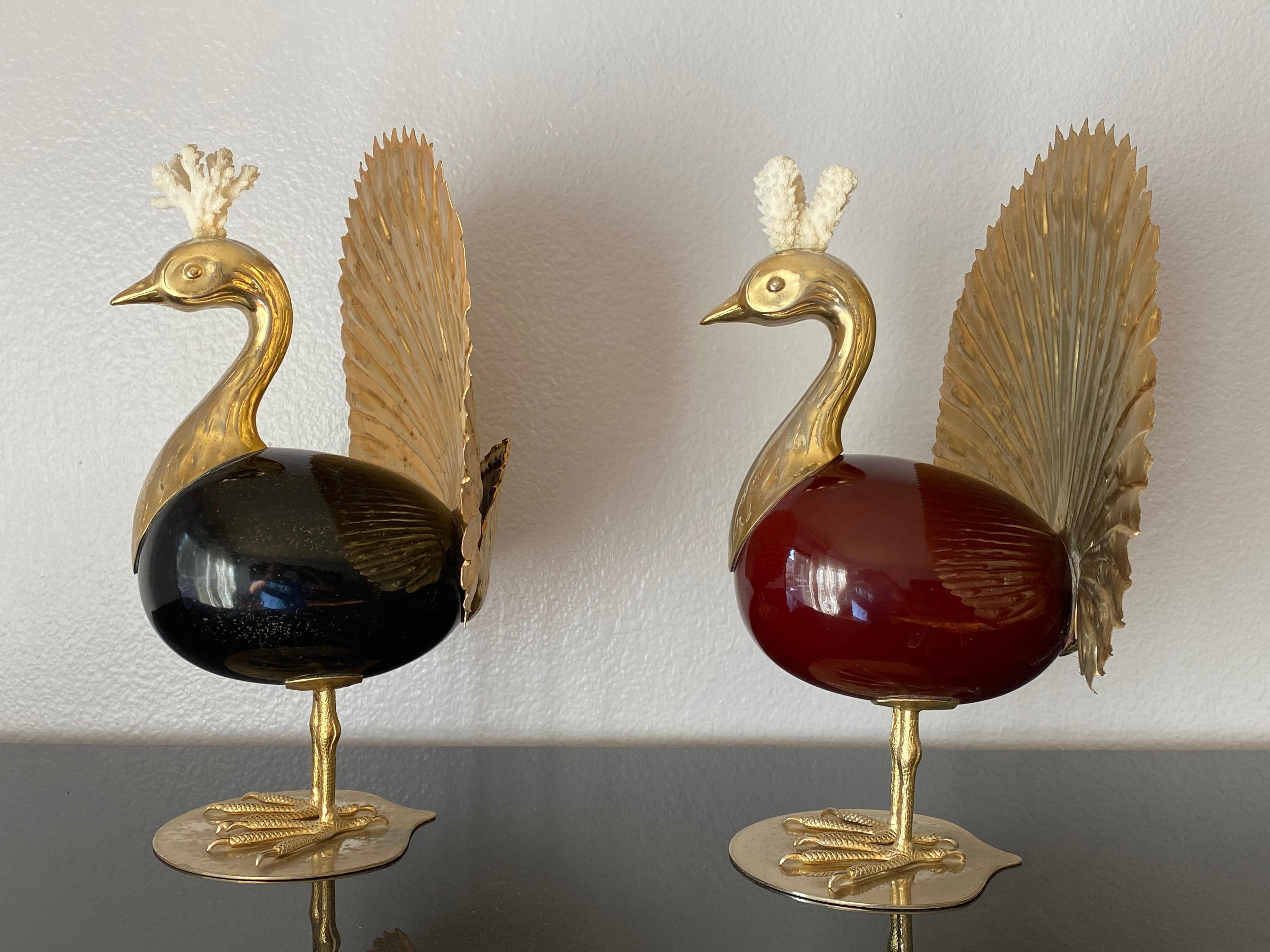 Italian Pair of Antonio Pavia Brass and Coral Peacock Bookends Sculptures