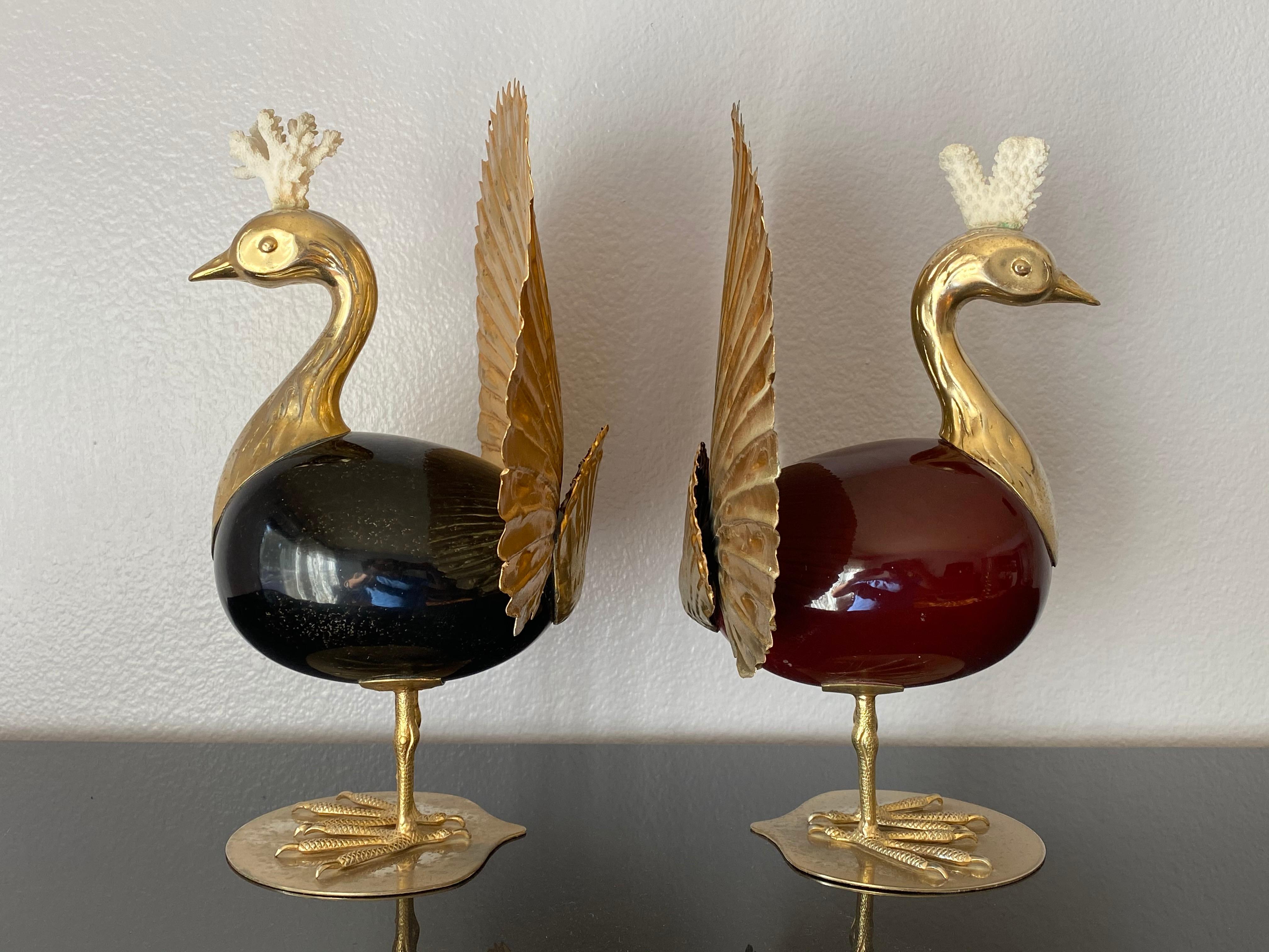 Patinated Pair of Antonio Pavia Brass and Coral Peacock Bookends Sculptures